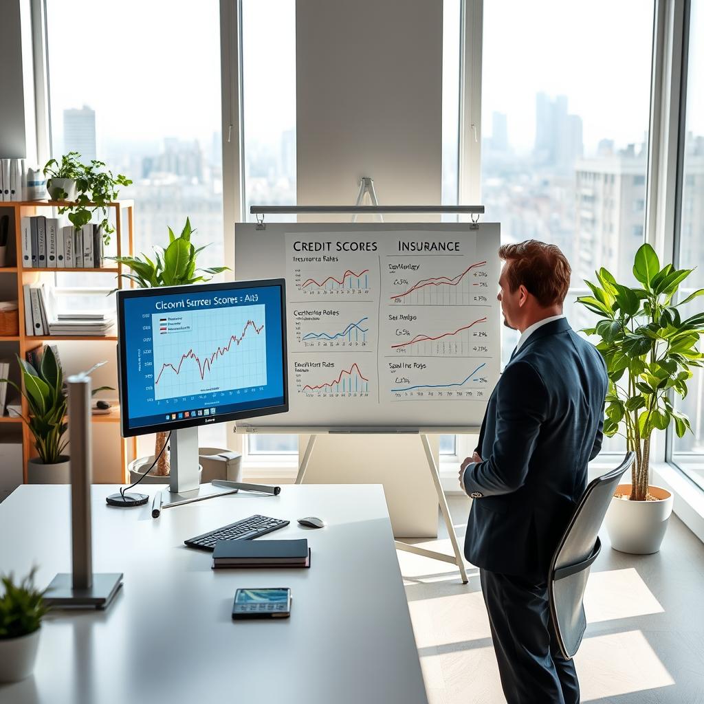 A visually engaging office scene showcasing the connection between credit scores and auto insurance rates. In the foreground, a professional businessperson in smart attire is reviewing a graph on a computer screen, analyzing the impact of credit scores on insurance premiums. In the middle ground, a whiteboard covered with charts and diagrams illustrating various insurance rates overlaid with credit scores is visible. The background features shelves filled with books on finance and insurance, alongside indoor plants for a fresh ambiance. Soft, natural lighting streams through large windows, giving a clear view of the city outside. The mood is focused and analytical, capturing the essence of making informed financial decisions.