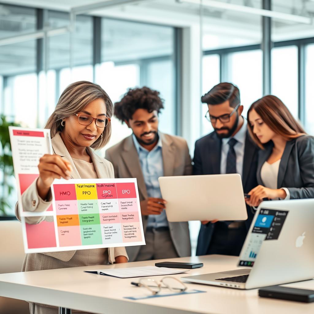 A visually engaging office setting showcasing a diverse group of professionals discussing various health insurance plans. In the foreground, a middle-aged Black woman in professional attire points at a colorful chart displaying different types of health insurance coverage options, such as HMO, PPO, and EPO. In the middle, a South Asian man in business casual clothing examines a laptop displaying an insurance comparison website. The background features a modern office environment with large windows letting in natural light, creating an atmosphere of collaboration and decision-making. The lighting is bright and inviting, enhancing the sense of professionalism. The image should evoke clarity and trust, focusing on the importance of making informed health insurance choices.