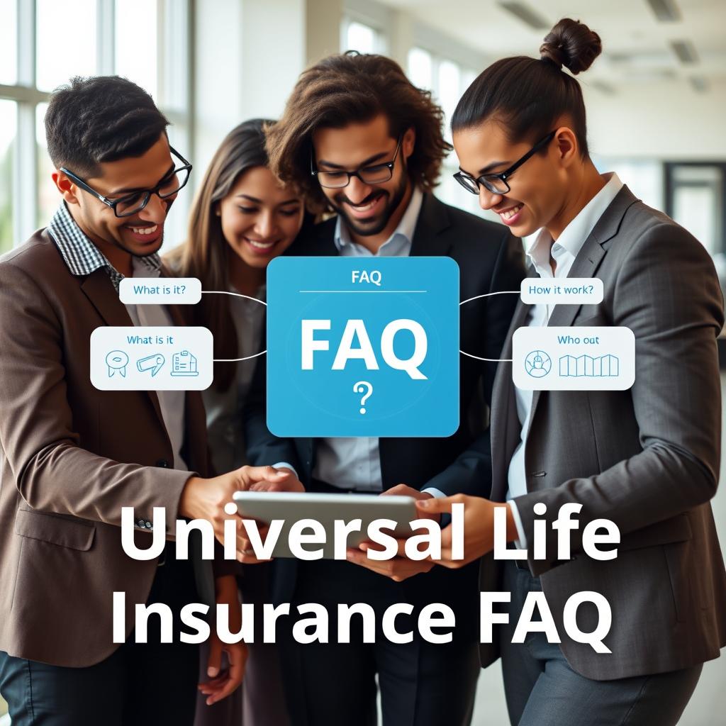 A visually engaging representation of "Universal Life Insurance FAQs." In the foreground, a diverse group of three professionals in smart casual clothing, gathered around a modern tablet, analyzing a digital blueprint of insurance concepts. The middle section features floating infographic-style visuals of key FAQs about universal life insurance, like "What is it?", "How does it work?", and "Who should consider it?" Each inquiry is depicted with simple icons and diagrams. The background showcases a bright, minimalist office space with large windows letting in natural light, creating an inviting atmosphere. The mood is collaborative and informative, with a soft-focus effect on the background to emphasize the professionals and the illustrated FAQs in the center. Use a slightly elevated angle for perspective, capturing both the group and the infographics effectively.