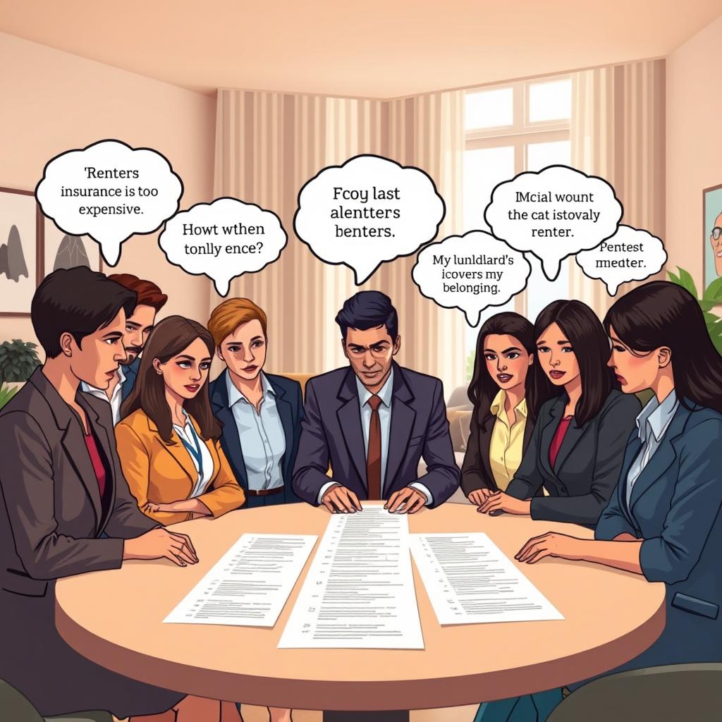 A visually engaging representation of common myths about renters insurance. In the foreground, illustrate a diverse group of individuals dressed in professional business attire or modest casual clothing, gathered around a table with concerned expressions as they review a list of myths. In the middle ground, showcase myth bubbles or thought clouds hovering above their heads, each depicting a common misconception about renters insurance, such as "Renters insurance is too expensive" or "My landlord's insurance covers my belongings." The background features a cozy, modern apartment setting, with soft natural lighting streaming through a window, creating a warm, informative atmosphere. Use a slightly elevated angle to emphasize the group dynamics and the myths being discussed, evoking a sense of collaboration and learning. A visually engaging representation of common myths about renters insurance. In the foreground, illustrate a diverse group of individuals dressed in professional business attire or modest casual clothing, gathered around a table with concerned expressions as they review a list of myths. In the middle ground, showcase myth bubbles or thought clouds hovering above their heads, each depicting a common misconception about renters insurance, such as "Renters insurance is too expensive" or "My landlord's insurance covers my belongings." The background features a cozy, modern apartment setting, with soft natural lighting streaming through a window, creating a warm, informative atmosphere. Use a slightly elevated angle to emphasize the group dynamics and the myths being discussed, evoking a sense of collaboration and learning.