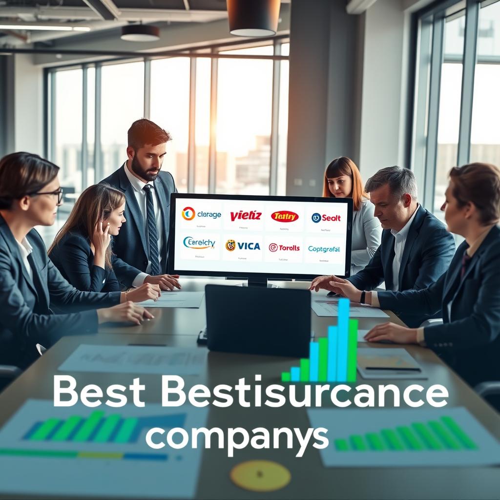 A visually engaging scene depicting a comparison of the best auto insurance companies, set in a modern office environment. In the foreground, a diverse group of professionals in smart business attire are gathered around a conference table analyzing colorful graphs and data charts showcasing customer reviews and ratings. In the middle, there are digital screens displaying logos of top insurance companies, subtly illuminated to capture attention. The background features a contemporary office with large windows allowing natural light to flood in, enhancing the focus on teamwork and discussion. The overall atmosphere is one of collaboration, professionalism, and strategic decision-making, with a color palette of blues and greens to convey trust and stability. The image should create a sense of analytical inquiry and industry insight.
