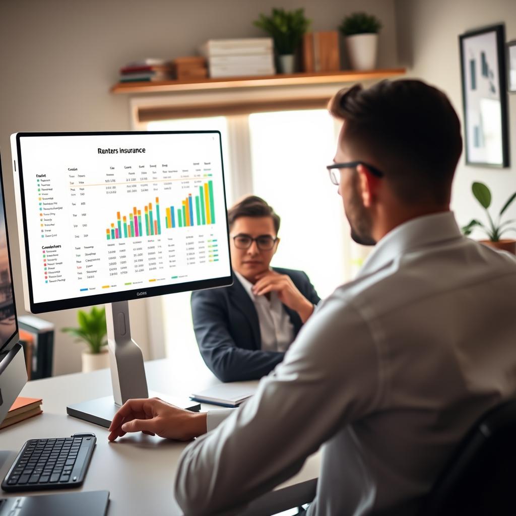 A visually engaging scene depicting a digital comparison of renters insurance quotes on a sleek computer screen in a cozy home office setting. In the foreground, the computer displays colorful graphs and tables showcasing various insurance options, clearly organized for easy comparison. In the middle, a focused individual in professional attire, male or female, is seated at the desk, thoughtfully analyzing the information. In the background, soft natural light filters through a window, illuminating personal belongings like books and plants, creating a warm and inviting atmosphere. The overall mood reflects professionalism and clarity, emphasizing the importance of making informed choices about renters insurance. A visually engaging scene depicting a digital comparison of renters insurance quotes on a sleek computer screen in a cozy home office setting. In the foreground, the computer displays colorful graphs and tables showcasing various insurance options, clearly organized for easy comparison. In the middle, a focused individual in professional attire, male or female, is seated at the desk, thoughtfully analyzing the information. In the background, soft natural light filters through a window, illuminating personal belongings like books and plants, creating a warm and inviting atmosphere. The overall mood reflects professionalism and clarity, emphasizing the importance of making informed choices about renters insurance.