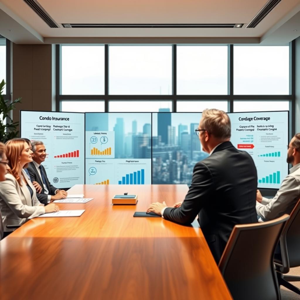 A visually engaging scene depicting a modern condo insurance meeting in a stylish conference room. In the foreground, a professional insurance agent in business attire is discussing coverage options with a diverse group of attentive condo association representatives, who are seated around a polished wooden table. The middle section features large displays showing various condo insurance coverage options, with clear graphs and icons illustrating liability, property damage, and personal property coverage. The background reveals a large window with a view of a vibrant city skyline, softly illuminated by natural daylight. The lighting is bright and inviting, creating a collaborative atmosphere, while elements like indoor plants add a touch of warmth to the setting. The image conveys professionalism and clarity, ideal for discussing insurance requirements. A visually engaging scene depicting a modern condo insurance meeting in a stylish conference room. In the foreground, a professional insurance agent in business attire is discussing coverage options with a diverse group of attentive condo association representatives, who are seated around a polished wooden table. The middle section features large displays showing various condo insurance coverage options, with clear graphs and icons illustrating liability, property damage, and personal property coverage. The background reveals a large window with a view of a vibrant city skyline, softly illuminated by natural daylight. The lighting is bright and inviting, creating a collaborative atmosphere, while elements like indoor plants add a touch of warmth to the setting. The image conveys professionalism and clarity, ideal for discussing insurance requirements.