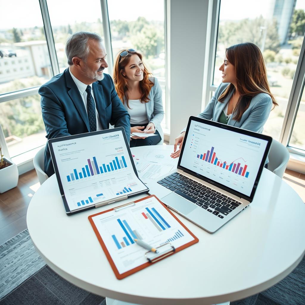 A visually appealing scene depicting a professional consultation for comprehensive auto insurance. In the foreground, a well-dressed insurance agent, a middle-aged man in a suit, converses with a young couple, both casually yet elegantly dressed. They are seated at a modern round table covered with brochures displaying different auto insurance quotes. In the background, an open laptop displays charts and data on insurance policies, next to a clipboard with notes. Large windows reveal a sunny day outside, allowing natural light to flood the room, creating a welcoming and transparent atmosphere. The overall mood is focused and professional, encouraging confidence and clarity in the insurance selection process.