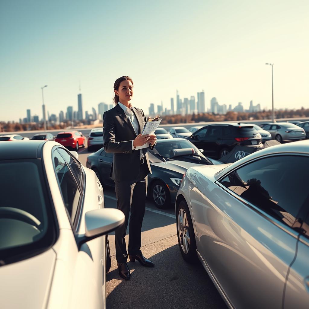 A visually engaging scene depicting the concept of non-owner car insurance. In the foreground, a professional individual in business attire stands confidently beside a rental car, holding a clipboard with insurance documents, symbolizing readiness and protection. The middle ground showcases a variety of cars in a rental lot, emphasizing versatility, including sedans, SUVs, and hybrids. The background features a city skyline under a clear blue sky, suggesting a busy urban environment. Soft, natural lighting bathes the scene, casting gentle shadows, creating a welcoming atmosphere. The angle focuses on the individual and the rental cars, highlighting the interplay between them. Overall, the image conveys security, freedom, and responsibility without ownership.