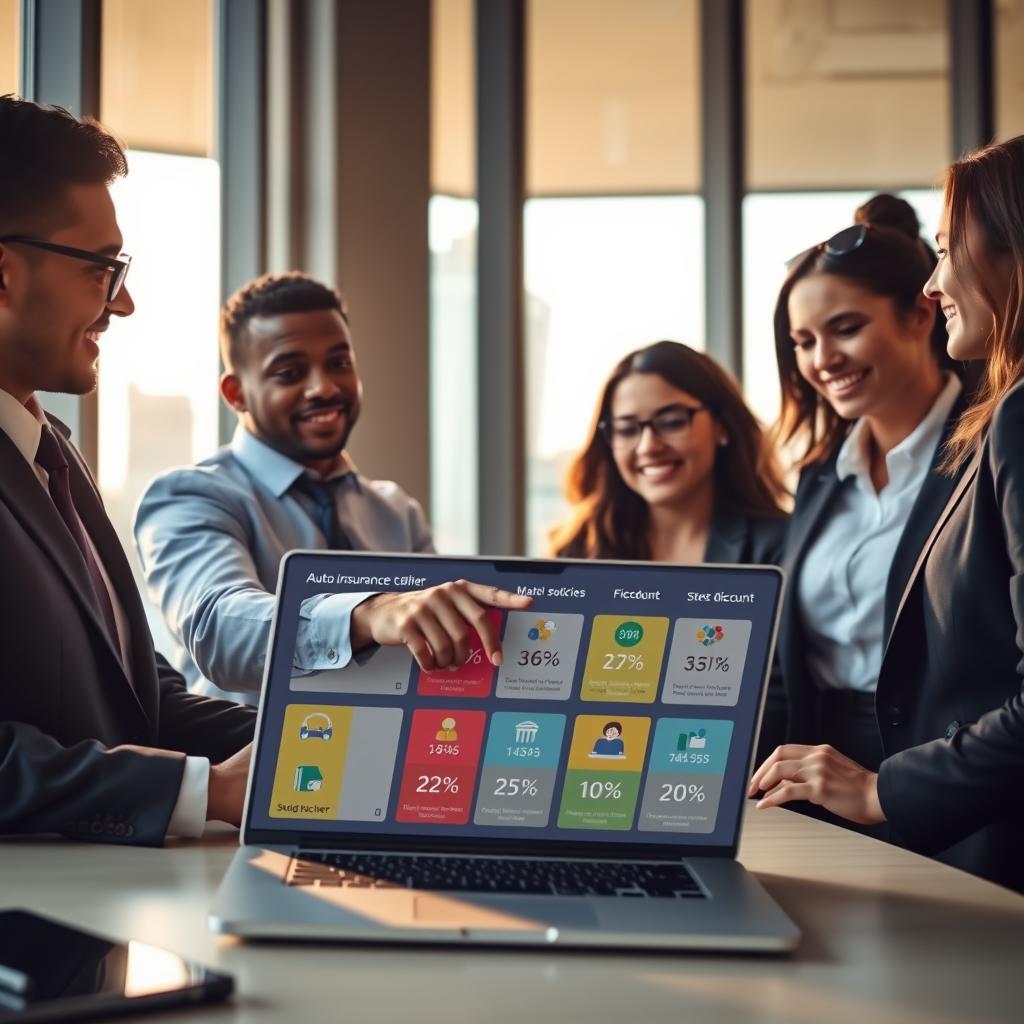 A visually engaging scene illustrating auto insurance discounts. In the foreground, a diverse group of three professionals (a man and two women) dressed in smart business attire, engaged in a discussion while pointing at an open laptop displaying a colorful infographic of percentages and icons symbolizing various discounts, such as safe driver, multi-policy, and student discounts. In the middle ground, a modern office setting with large windows allowing warm, natural light to filter in, casting a soft glow on the participants and their surroundings. The background features a city skyline visible through the windows, enhancing the sense of professionalism and opportunity. The mood should convey optimism, collaboration, and success in finding affordable auto insurance.