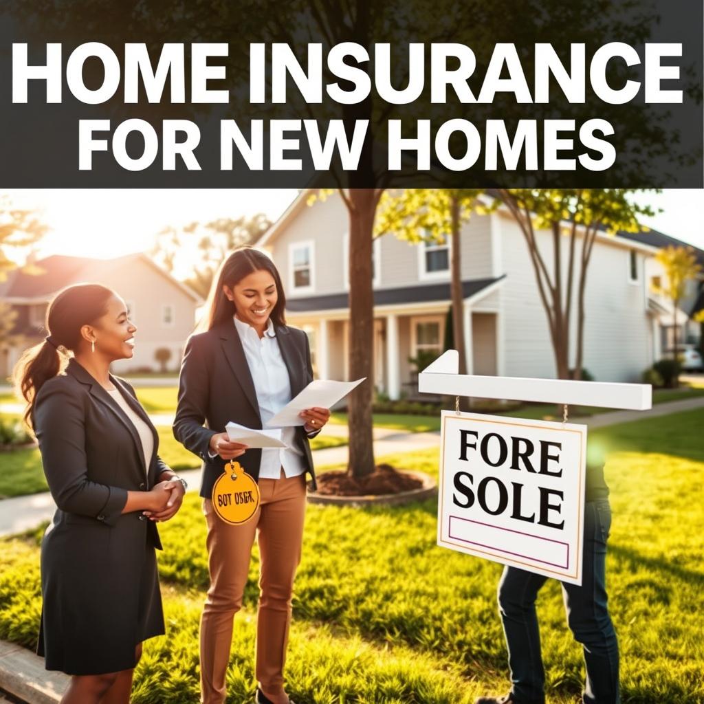 A visually engaging scene illustrating home insurance discounts for new homes. In the foreground, a diverse group of two professionals in smart casual attire, discussing paperwork with smiles, conveying a sense of trust and optimism. The middle ground features a beautiful new home with a "For Sale" sign that has a prominently displayed discount tag. The background showcases a peaceful suburban neighborhood with trees and well-maintained lawns, bathed in warm, soft sunlight that casts gentle shadows. The camera angle is slightly elevated, capturing both the home and the professionals in a dynamic composition. The overall mood is hopeful and inviting, emphasizing security and valuable savings. A visually engaging scene illustrating home insurance discounts for new homes. In the foreground, a diverse group of two professionals in smart casual attire, discussing paperwork with smiles, conveying a sense of trust and optimism. The middle ground features a beautiful new home with a "For Sale" sign that has a prominently displayed discount tag. The background showcases a peaceful suburban neighborhood with trees and well-maintained lawns, bathed in warm, soft sunlight that casts gentle shadows. The camera angle is slightly elevated, capturing both the home and the professionals in a dynamic composition. The overall mood is hopeful and inviting, emphasizing security and valuable savings.
