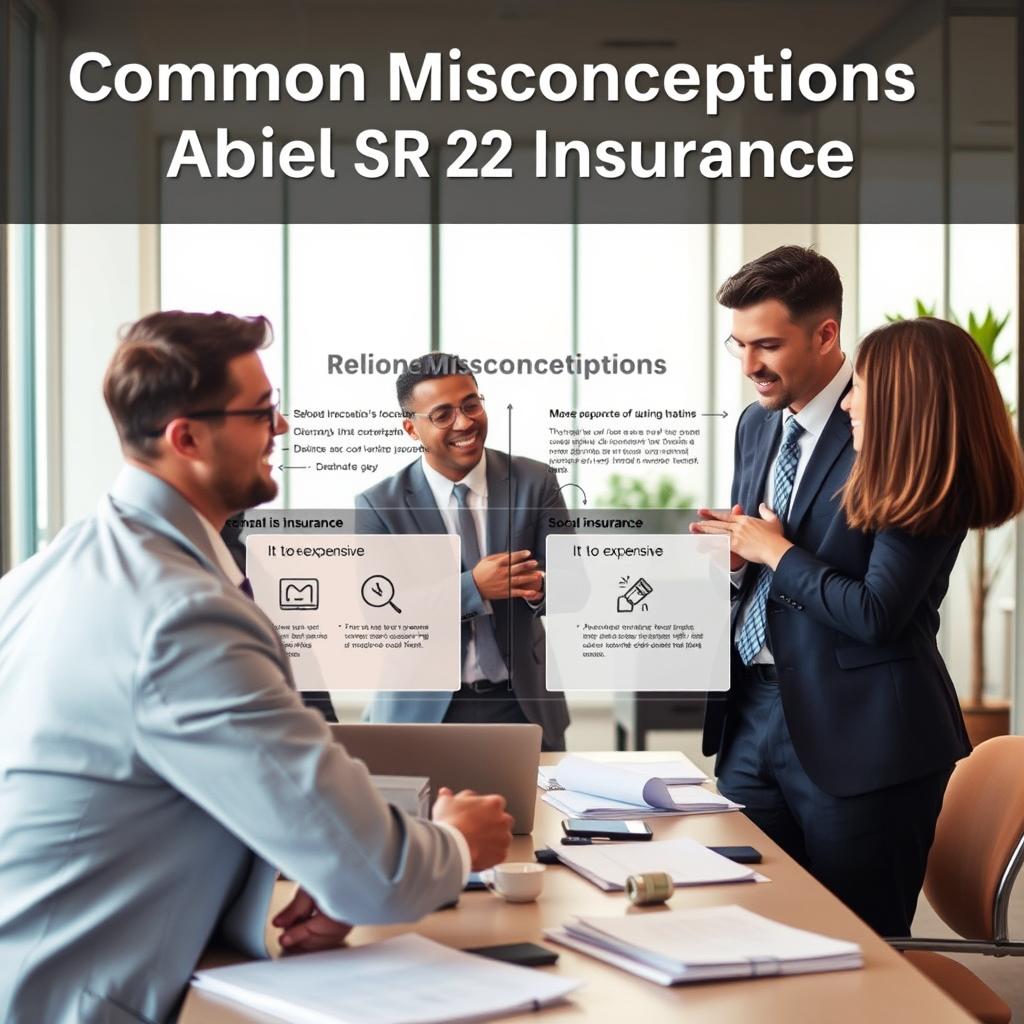 Uma cena visualmente atraente que ilustra o conceito de "Equívocos Comuns sobre o Seguro SR-22". Em primeiro plano, um grupo diversificado de três profissionais em trajes formais de negócios, dois homens e uma mulher, conversam animadamente em torno de uma mesa repleta de documentos e um laptop. Suas expressões transmitem confusão e curiosidade. Ao centro, um infográfico claro e informativo exibe equívocos comuns, como "SR-22 é um seguro" e "É muito caro", representados por ícones simples. O fundo apresenta um ambiente de escritório claro e acolhedor, com grandes janelas que permitem a entrada de luz natural, criando uma atmosfera otimista. A iluminação é suave e quente, reforçando o clima de colaboração e aprendizado. Capture a cena de um ângulo ligeiramente elevado para fornecer profundidade e contexto, sem texto ou distrações.