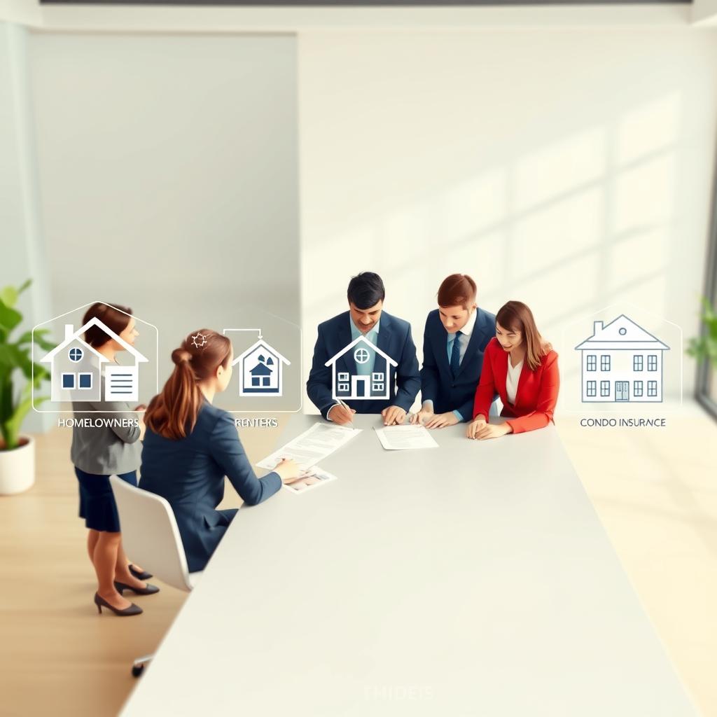 A visually informative illustration depicting various types of home insurance policies. In the foreground, show a diverse group of people in professional business attire, discussing and reviewing insurance policy documents at a sleek table. In the middle ground, depict distinct representations of the different home insurance types, such as Liability, Homeowners, Renters, and Condo insurance, each symbolized by icons or images related to homes, protection shields, and financial documents. The background features a modern office setting with soft, natural lighting, creating a professional and inviting atmosphere. The angle is slightly elevated, providing an overview of the discussion. The overall mood conveys clarity, reliability, and professionalism focused on making informed choices about home insurance.