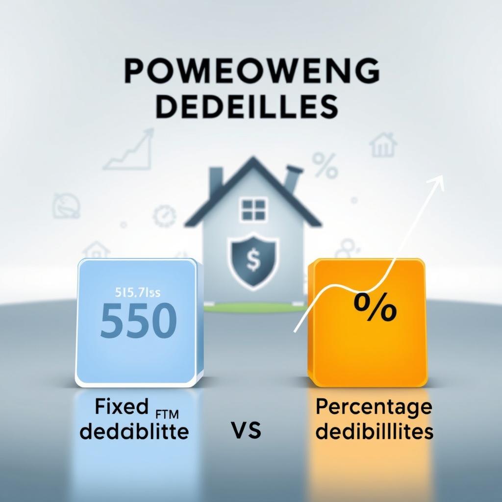 A visually striking and informative illustration depicting the concepts of fixed versus percentage deductibles in homeowners insurance. In the foreground, showcase two distinct graphical elements: one representing a fixed deductible as a solid, clear block with the number displayed prominently, symbolizing reliability, and another representing a percentage deductible as a dynamic, fluctuating graph line that moves upward, signifying variability. In the middle ground, include a house with a shield symbol to represent protection, while surrounding it with subtle visual data or icons illustrating insurance claims. The background should be a calm, professional setting with soft lighting that enhances the clarity of the elements, creating a serious yet approachable atmosphere. The angle should be slightly elevated, providing an overview that captures both concepts vividly without any text or distractions.