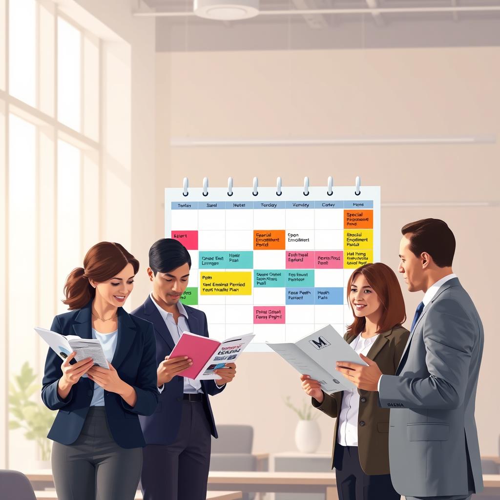 A visually striking illustration depicting the concept of "Obamacare Enrollment Deadlines." In the foreground, a diverse group of four professionals wearing business attire, including a woman in a navy blazer and a man in a grey suit, are engaged in a discussion, reviewing health plan brochures. In the middle, a large calendar marked with colorful highlights indicating important deadlines, such as "Open Enrollment," "Special Enrollment Period," and "Deadline Reminder," is prominently displayed. The background shows a modern office setting with soft, natural lighting filtering through large windows, creating a warm, encouraging atmosphere. The mood is collaborative and informative, conveying a sense of urgency and importance around health plan enrollment with an emphasis on accessibility and support.