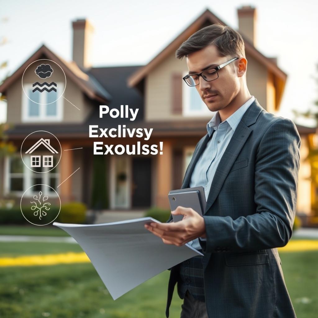 A visually striking illustration highlighting the concept of residential insurance policy exclusions. In the foreground, a professional-looking homeowner stands thoughtfully, examining a large document titled "Policy Exclusions," dressed in business casual attire. In the middle ground, various symbolic representations of common exclusions—like flood, earthquake, and mold—take the form of semi-transparent overlays surrounding the document, each visually distinct. The background features a cozy, well-kept home, bathed in warm afternoon sunlight, enhancing the atmosphere of security yet hinting at potential risks. The overall mood is contemplative, inviting viewers to consider the important yet often overlooked aspects of home insurance. Use soft, natural lighting to emphasize the home's inviting features, with a slightly blurred depth of field to keep focus on the homeowner and the document.