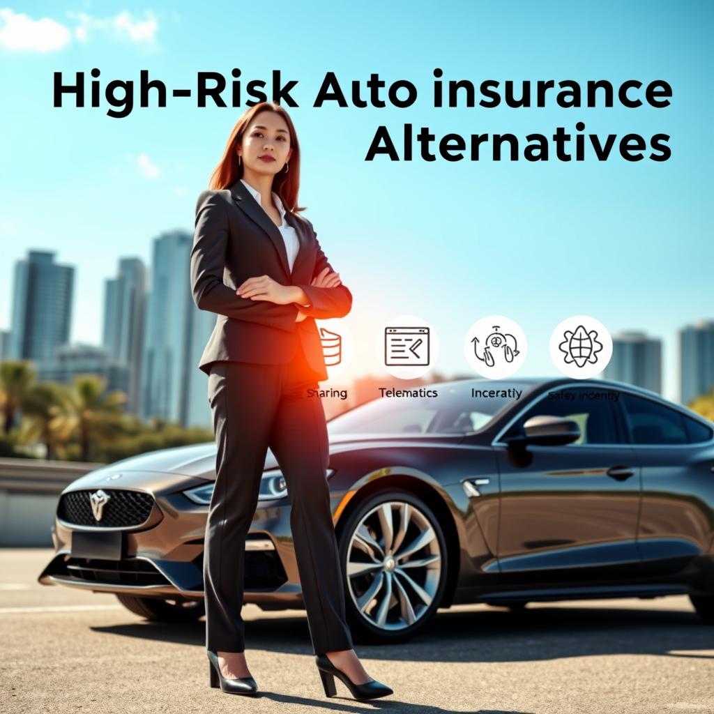 A visually striking image depicting high-risk auto insurance alternatives. In the foreground, a professional businesswoman in a smart business suit stands confidently beside a sleek, modern car, symbolizing a new approach to insurance. In the middle ground, there are various icons representing different alternatives, such as a car sharing service, telematics device, and a safety incentive program, arranged in an informative yet artistic manner. The background features a cityscape with tall buildings under a bright blue sky, enhancing the sense of progress and innovation. Soft, natural lighting illuminates the scene, creating an atmosphere of optimism and reassurance. The angle is dynamic, capturing both the businesswoman and the alternatives, inviting viewers to consider new options for protecting their vehicles.