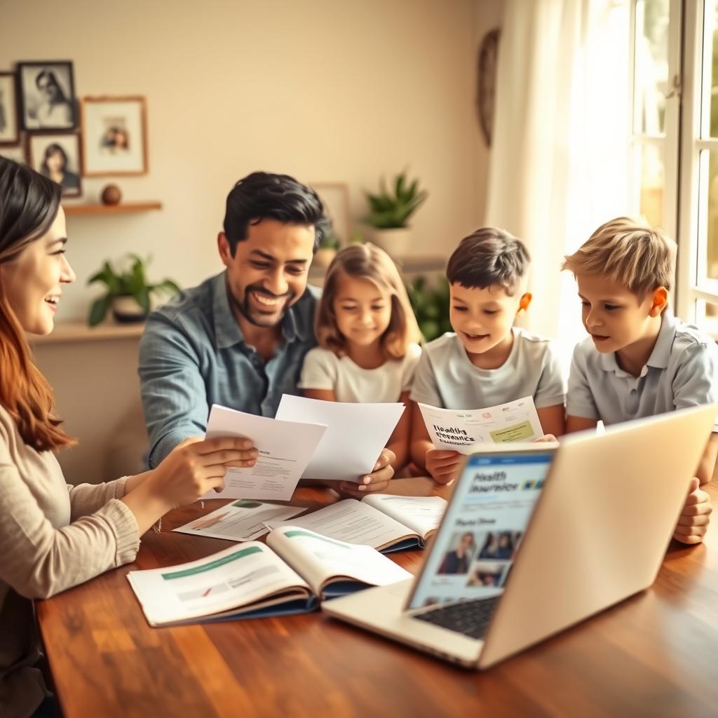 A warm and inviting scene showing a diverse family seated around a dining table, discussing health insurance options. In the foreground, a mother and father, both in smart casual attire, are reviewing brochures and documents, with expressions of hope and determination. The children, a girl and a boy, are observing attentively, creating an atmosphere of unity and support. In the middle layer, there are open folders and a laptop displaying health insurance websites, all well-lit by natural sunlight pouring in through a window. The background features a cozy home setting, with family photos and plants that enhance the sense of comfort. The overall mood is optimistic and collaborative, reflecting the importance of family health coverage and the enrollment process. The image captures moments of discussion and engagement among family members, symbolizing informed decision-making about their health insurance plans.