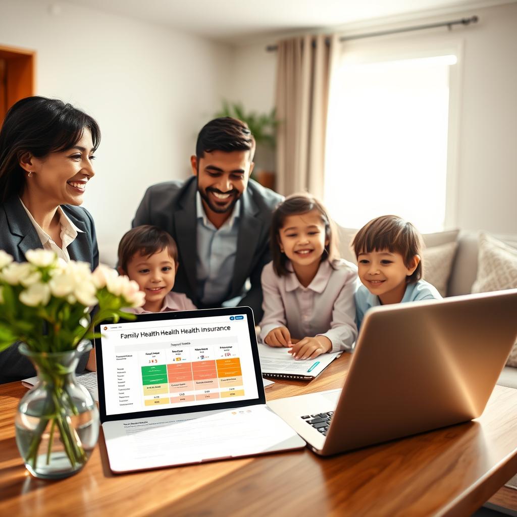 A warm, inviting family scene depicting the benefits of health insurance, focused on a diverse family of four—parents in professional business attire, children in modest casual clothing. The foreground features a cheerful family gathered around a table with health-related documents, discussing their family health insurance options. In the middle ground, a vase with fresh flowers and a laptop displaying a family health insurance comparison can be seen, symbolizing their thoughtful planning. The background includes a cozy living room with soft natural lighting streaming through a window, creating a sense of warmth and security. The overall mood is positive, emphasizing togetherness and the peace of mind that comes with having health insurance coverage.