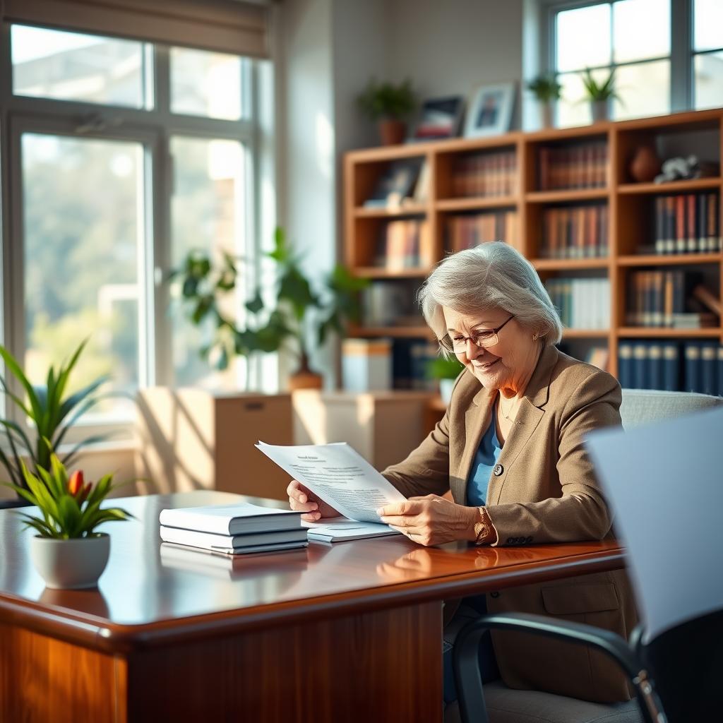 A warm, inviting office setting filled with natural light filters through large windows. In the foreground, a senior couple, dressed in professional business attire, are seated at a polished wooden desk, reviewing life insurance documents together, looking engaged and thoughtful. The middle ground features a neatly organized file cabinet and a few potted plants, contributing to a calm and reassuring atmosphere. In the background, shelves lined with books on finance and family planning create an ambiance of knowledge and stability. The overall mood is positive and optimistic, emphasizing the importance of planning for the future. Soft, diffused lighting enhances the welcoming atmosphere, and a shallow depth of field brings focus to the couple and their documents, conveying a sense of purpose and security.