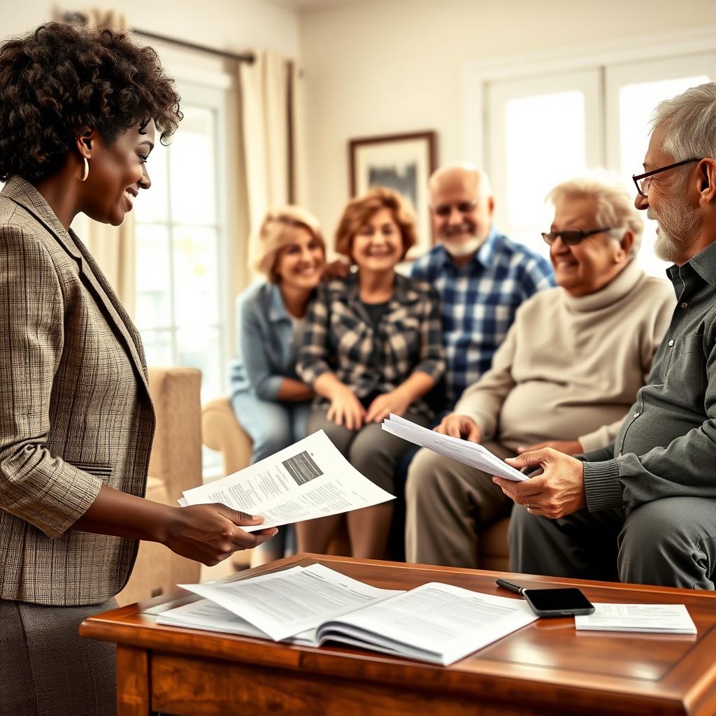 A warm, inviting scene showcasing a diverse group of seniors discussing life insurance options in a cozy living room. In the foreground, two seniors of different ethnicities, one African American woman in a smart business outfit and one Hispanic man in modest casual clothing, are reviewing documents on a coffee table filled with brochures. The middle ground features a couple of senior friends, a Caucasian woman and Asian man, conversing with a friendly insurance agent, all smiling and engaged. The background has soft lighting from a nearby window, giving the room a sunny, optimistic atmosphere. The angle is slightly elevated, capturing the camaraderie and trust in the atmosphere, reflecting the significance of securing life insurance at this stage in life, with tasteful decor enhancing the inviting feel. A warm, inviting scene showcasing a diverse group of seniors discussing life insurance options in a cozy living room. In the foreground, two seniors of different ethnicities, one African American woman in a smart business outfit and one Hispanic man in modest casual clothing, are reviewing documents on a coffee table filled with brochures. The middle ground features a couple of senior friends, a Caucasian woman and Asian man, conversing with a friendly insurance agent, all smiling and engaged. The background has soft lighting from a nearby window, giving the room a sunny, optimistic atmosphere. The angle is slightly elevated, capturing the camaraderie and trust in the atmosphere, reflecting the significance of securing life insurance at this stage in life, with tasteful decor enhancing the inviting feel.