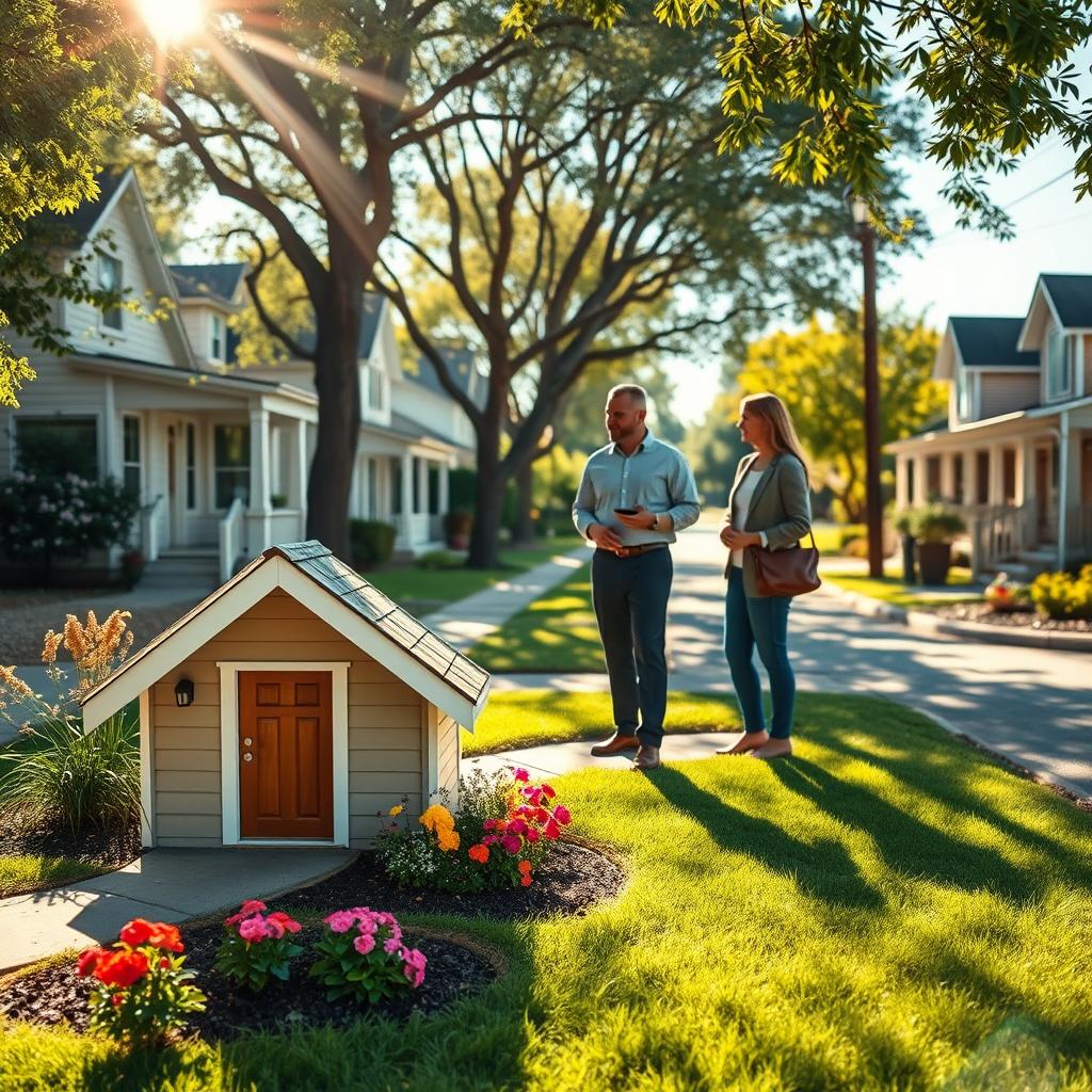 A welcoming neighborhood scene showcasing a cozy, affordable home prominently displayed in the foreground, with a well-maintained lawn and colorful flowers. In the middle ground, a friendly insurance agent in professional attire is conversing with a couple, both dressed in smart casual clothing, discussing home insurance options. The background features a picturesque street lined with charming houses, sunlight filtering through the trees, creating a warm and inviting atmosphere. The scene captures the essence of community and decision-making. The lighting is bright and optimistic, with a slight lens flare to enhance the sense of positivity and opportunity. The angle is slightly elevated, providing a comprehensive view yet keeping the focus on the home and the engaging conversation about saving on home insurance. A welcoming neighborhood scene showcasing a cozy, affordable home prominently displayed in the foreground, with a well-maintained lawn and colorful flowers. In the middle ground, a friendly insurance agent in professional attire is conversing with a couple, both dressed in smart casual clothing, discussing home insurance options. The background features a picturesque street lined with charming houses, sunlight filtering through the trees, creating a warm and inviting atmosphere. The scene captures the essence of community and decision-making. The lighting is bright and optimistic, with a slight lens flare to enhance the sense of positivity and opportunity. The angle is slightly elevated, providing a comprehensive view yet keeping the focus on the home and the engaging conversation about saving on home insurance.