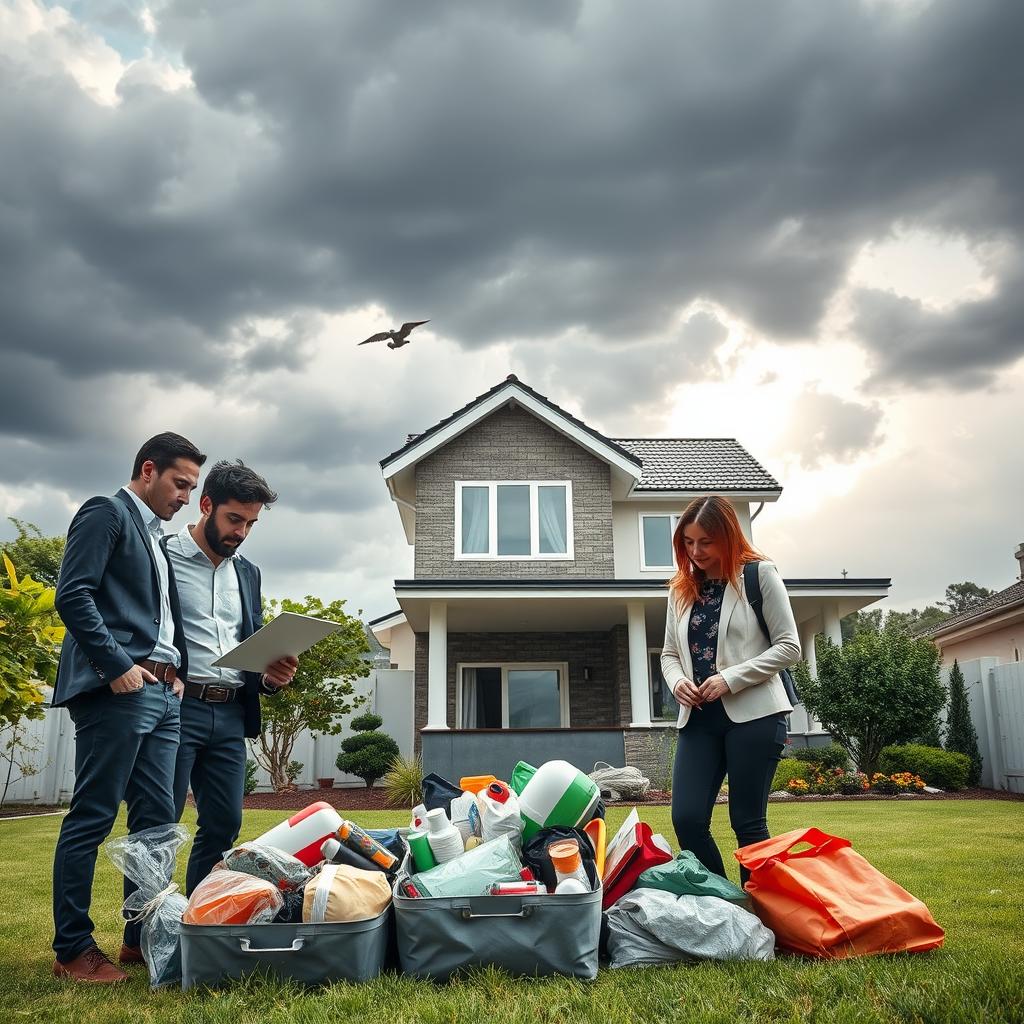 A well-organized home safety scene illustrating how to protect assets from natural disasters. In the foreground, a diverse group of three professionals, two men and one woman, dressed in smart casual attire, are inspecting a comprehensive disaster preparedness kit filled with essential supplies. In the middle ground, there is a modern, fortified home equipped with reinforced windows and a sturdy roof, surrounded by a well-maintained garden. In the background, there are ominous storm clouds gathering, hinting at an impending natural disaster, while a bright beam of sunlight breaks through, symbolizing hope and preparedness. The atmosphere is tense yet optimistic, with sharp, vibrant colors highlighting the importance of disaster readiness. Use a slightly elevated angle to capture both the group and the fortified home effectively, with natural lighting illuminating the scene.