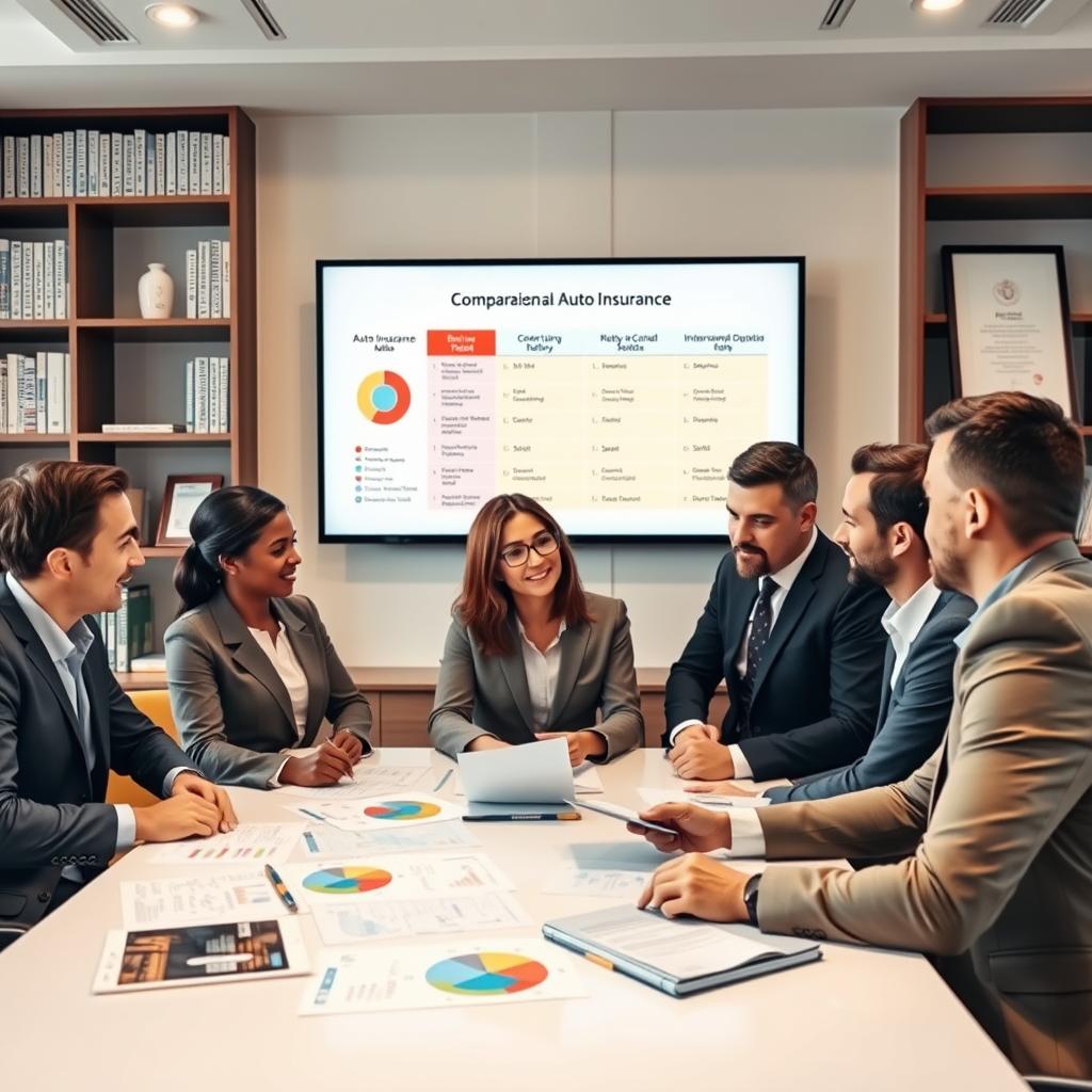 Um escritório bem organizado, com uma atmosfera profissional, onde pessoas comparam planos de seguro auto. Em primeiro plano, um grupo diversificado de três profissionais — dois homens e uma mulher, todos vestidos com trajes casuais elegantes — discutem enquanto analisam documentos e gráficos dispostos sobre uma moderna mesa de conferência. Ao fundo, uma tela grande exibe um infográfico visualmente atraente que compara diferentes opções de seguro auto, com gráficos de pizza coloridos e ícones. Estantes de livros repletas de publicações financeiras e certificados emoldurados reforçam o ambiente profissional. Uma iluminação suave e aconchegante cria uma atmosfera convidativa, com um ângulo de câmera focado na interação do grupo, capturando a essência do trabalho em equipe e da tomada de decisões informadas.