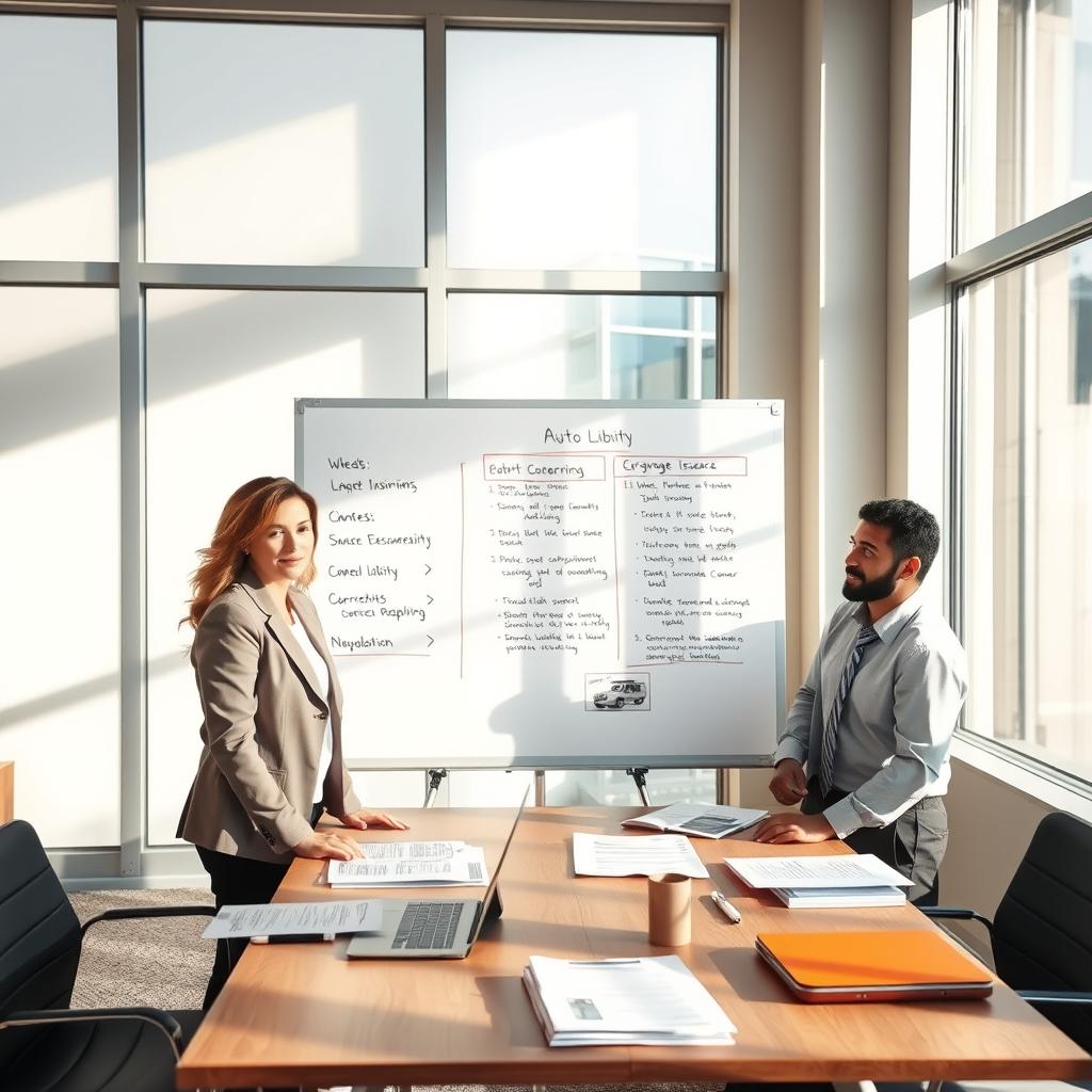 A well-organized office setting showcasing a professional discussion about choosing commercial auto insurance. In the foreground, a diverse group of three business people in professional attire, including a woman in a tailored blazer, a man in a crisp shirt, and a person in business casual, are gathered around a large table with documents and a laptop open. In the middle, a large whiteboard displays charts and bullet points about auto liability coverage. The backdrop features large windows allowing natural light to flood the room, casting soft shadows. The mood is focused and collaborative, highlighting the importance of informed decision-making while selecting the right policy. The lighting is bright and clear, resembling a late morning ambiance. The camera angle is slightly above eye level to capture the scene’s dynamics.
