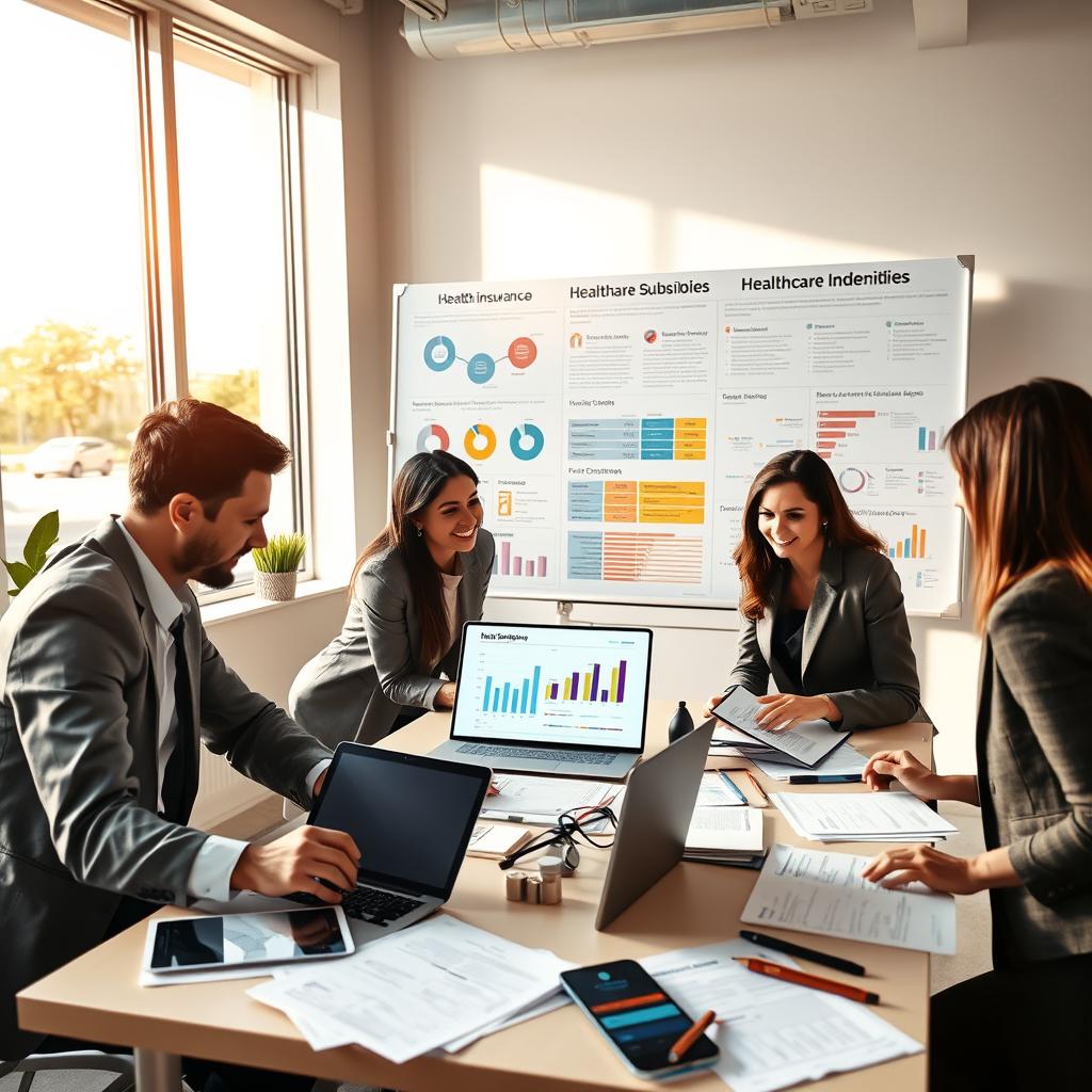 A well-organized scene depicting healthcare subsidy programs in a modern office environment. In the foreground, a diverse group of professionals in business attire—two men and two women—collaborate around a table covered with documents, graphs, and a laptop displaying health insurance data. They are engaged in an energetic discussion, illustrating teamwork and resourcefulness. In the middle ground, a large whiteboard displays colorful charts and infographics about healthcare subsidies, emphasizing accessibility and support. The background features large windows letting in warm, natural light, casting soft shadows that create a welcoming atmosphere. The mood is optimistic and focused, suggesting hope and proactive engagement in securing health insurance benefits. Use a slightly elevated angle to capture the bustling office vibe and details of the documents.