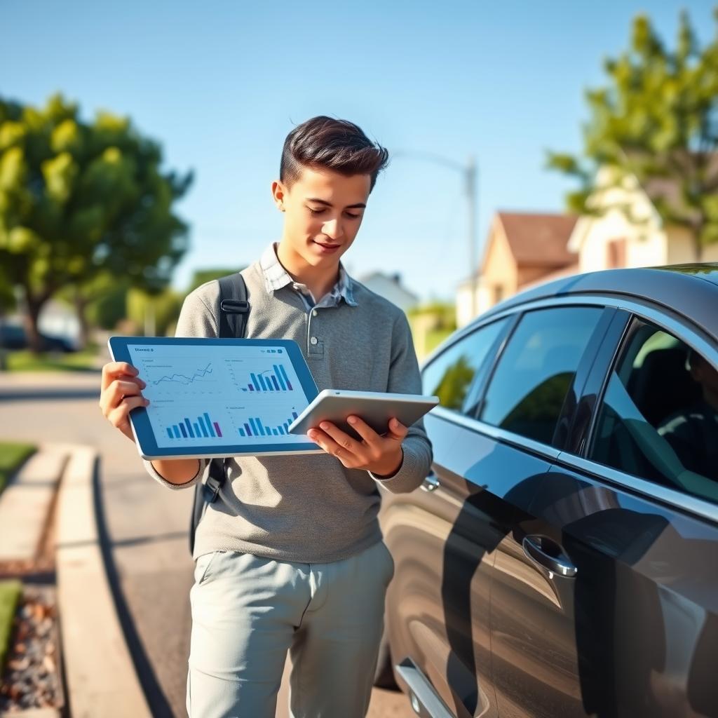 A young driver, dressed in smart casual attire, stands next to a sleek, modern car that symbolizes insurance affordability. In the foreground, focus on the driver examining a tablet displaying dynamic graphs and charts, representing insurance rate factors. The middle ground features the car parked on a suburban street, surrounded by green trees and residential houses, suggesting a safe neighborhood. In the background, a clear blue sky enhances the sense of optimism and financial security. Soft, natural lighting highlights the driver's focused expression and the car’s polished exterior. Use a camera angle that captures both the driver and the car in one frame, creating a harmonious composition that conveys the theme of young driver car insurance rates and their influencing factors.