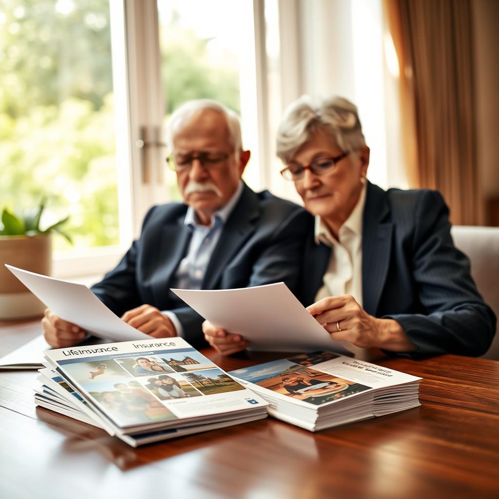An elderly couple sitting at a modern, elegant dining table, reviewing insurance documents together. The man, wearing a tailored navy suit and the woman, dressed in a professional blouse, both looking thoughtful and engaged. In the foreground, a stack of life insurance brochures featuring images of life milestones such as family gatherings and travel. In the middle ground, a soft-focused window showcasing greenery outside, symbolizing hope and growth. The background has warm, natural lighting streaming in, creating a cozy, secure atmosphere. Use a slight depth of field to draw attention to the couple and the documents. The overall mood should convey trust, security, and a bright future.
