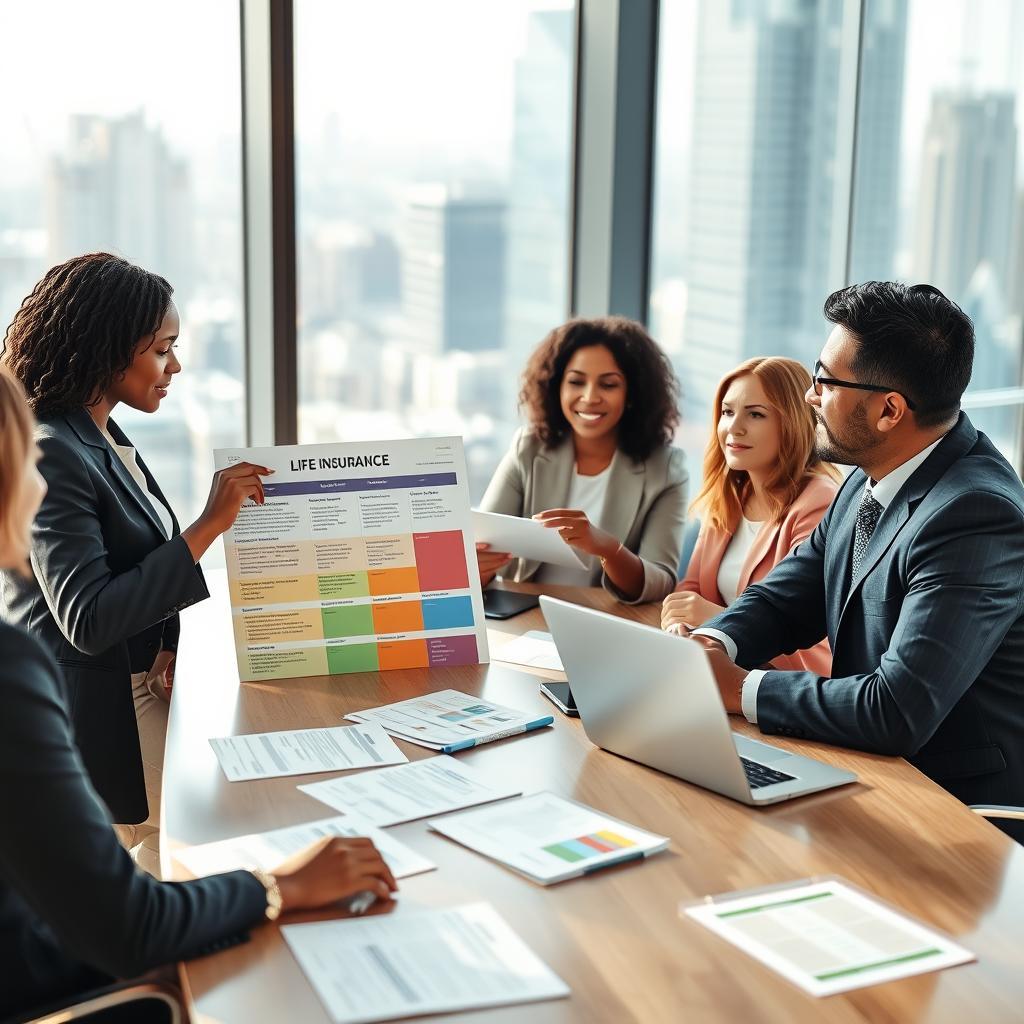 An image depicting a diverse group of professionals sitting around a modern conference table, engaged in a lively discussion about life insurance plans. In the foreground, an African American woman in a business suit is pointing at a colorful chart displaying various policy options. Next to her, a Hispanic man in smart attire is taking notes on a laptop. The middle ground features documents and brochures on the table, highlighting key features of different life insurance plans. The background shows a large window with a cityscape view, bathed in natural daylight, adding an optimistic and professional atmosphere. The scene conveys a sense of collaboration and clarity, focused on overcoming misconceptions about life insurance.