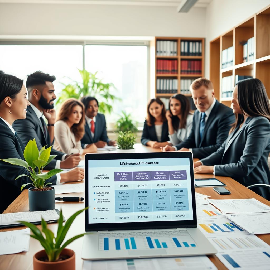 In a modern office environment, a diverse group of professionals dressed in smart business attire is engaged in a lively discussion around a large conference table covered with documents and charts indicating life insurance comparisons. In the foreground, a well-organized open laptop displays a visually engaging infographic showcasing "No Medical Exam Life Insurance" options. The middle ground features potted plants and a large window with natural sunlight streaming in, creating a warm and inviting atmosphere. In the background, there are bookshelves filled with files and books related to finance and insurance. The lighting is bright and uplifting, casting soft shadows and highlighting the focused expressions of the participants as they explore this important financial topic together. The mood reflects collaboration, trust, and the importance of protecting one’s family. In a modern office environment, a diverse group of professionals dressed in smart business attire is engaged in a lively discussion around a large conference table covered with documents and charts indicating life insurance comparisons. In the foreground, a well-organized open laptop displays a visually engaging infographic showcasing "No Medical Exam Life Insurance" options. The middle ground features potted plants and a large window with natural sunlight streaming in, creating a warm and inviting atmosphere. In the background, there are bookshelves filled with files and books related to finance and insurance. The lighting is bright and uplifting, casting soft shadows and highlighting the focused expressions of the participants as they explore this important financial topic together. The mood reflects collaboration, trust, and the importance of protecting one’s family.