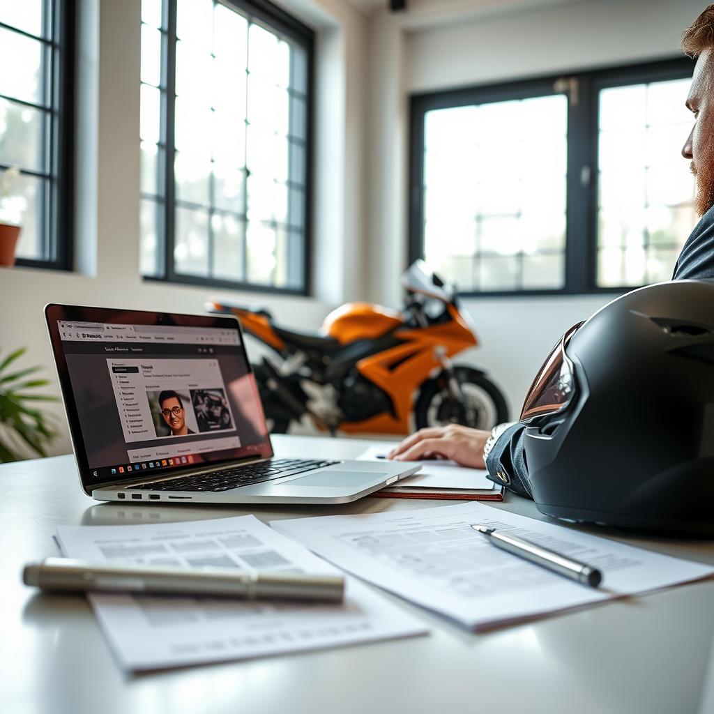 A bright and modern workspace showcasing a professional setting for reviewing motorcycle insurance policies online. In the foreground, a laptop displays a comparison website with various motorcycle insurance options, highlighted in a sleek interface. A well-dressed person, wearing business attire, sits at the desk, intently evaluating the information on the screen, with a notepad and pen nearby for taking notes. The middle ground features a motorcycle helmet and documents spread out, emphasizing the topic of motorcycle insurance. The background reveals a large window letting in natural sunlight, adding warmth to the scene. Soft, inviting colors enhance the atmosphere, conveying a sense of diligence and focus on making informed insurance choices. The scene captures a professional yet casual mood.