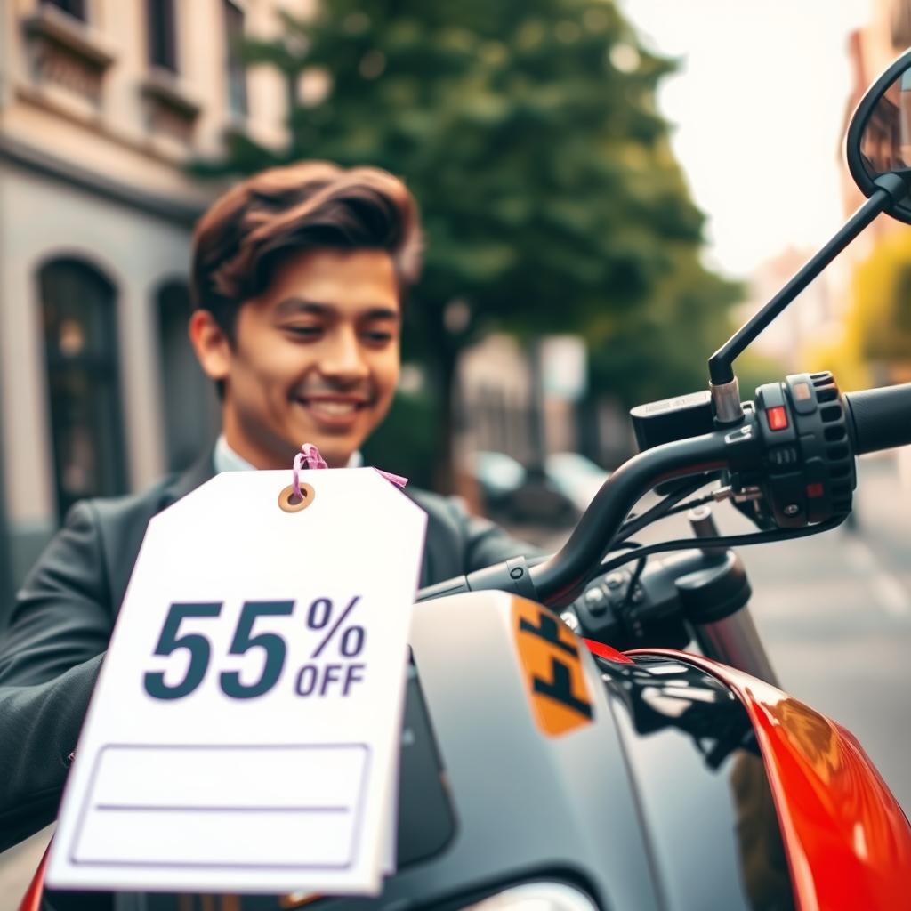 A close-up scene of a motorcycle with a price tag showing discounts prominently displayed, set against a blurred street background that evokes a sunny urban atmosphere. In the foreground, a confident young professional in smart casual attire inspects the motorcycle, radiating satisfaction and relief at finding the great deal. Soft, warm lighting enhances the mood, emphasizing the sense of affordability and excitement. The middle layer focuses on the motorcycle, showcasing its sleek design and vibrant color, while the blurred background features urban elements like buildings and trees, suggesting a lively neighborhood. The angle is slightly tilted upward, highlighting both the motorcycle and the dynamic surroundings, creating an engaging and optimistic atmosphere about discounted motorcycle insurance. A close-up scene of a motorcycle with a price tag showing discounts prominently displayed, set against a blurred street background that evokes a sunny urban atmosphere. In the foreground, a confident young professional in smart casual attire inspects the motorcycle, radiating satisfaction and relief at finding the great deal. Soft, warm lighting enhances the mood, emphasizing the sense of affordability and excitement. The middle layer focuses on the motorcycle, showcasing its sleek design and vibrant color, while the blurred background features urban elements like buildings and trees, suggesting a lively neighborhood. The angle is slightly tilted upward, highlighting both the motorcycle and the dynamic surroundings, creating an engaging and optimistic atmosphere about discounted motorcycle insurance.