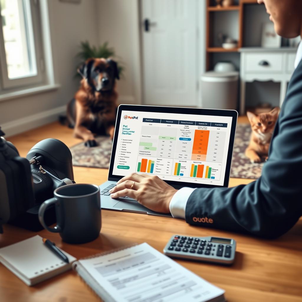 A cozy home office scene featuring a person in smart casual attire sitting at a desk, comparing pet insurance quotes on a laptop. In the foreground, a notepad with notes and a calculator sits beside a coffee mug, while in the middle, the laptop screen displays a clear comparison of various pet insurance plans with colorful charts and diagrams. In the background, a playful dog and a curious cat are lounging comfortably on a rug, adding a warm, inviting atmosphere to the image. The lighting is soft and natural, streaming through a window to emphasize a sense of diligence and care. The composition is inviting, suggesting a professional yet relaxed ambiance suitable for making important decisions about pet care.