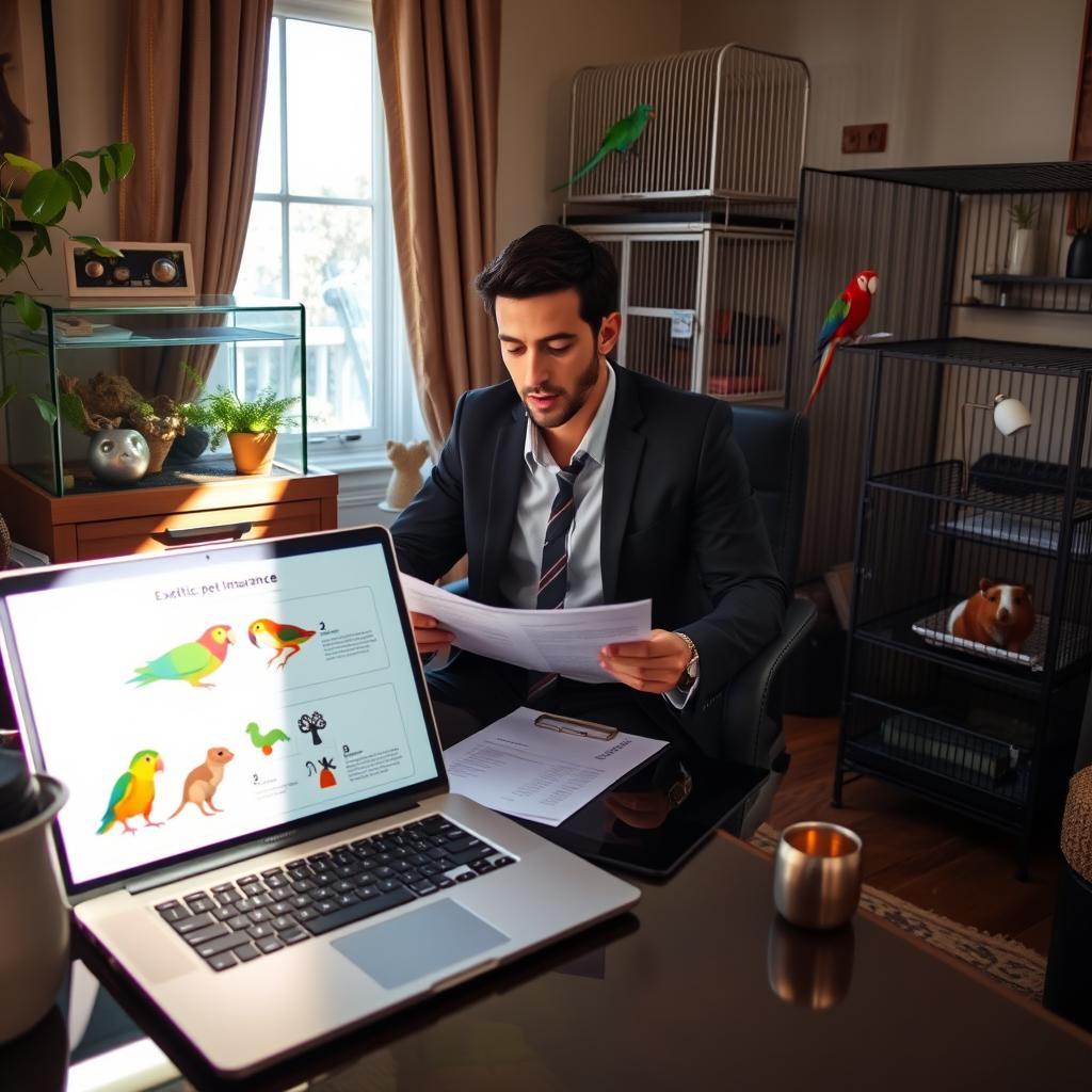 A cozy home office scene featuring a professional sitting at a desk, reviewing exotic pet insurance documents. In the foreground, there's a laptop displaying a colorful infographic of various exotic pets, such as a parrot, iguana, and sugar glider. The middle of the image showcases the professional, dressed in smart casual attire, focused on their work. Sunlight streams through a window, illuminating the room and creating a warm atmosphere. In the background, a variety of exotic pets are comfortably positioned around the room—an elegant terrarium with a chameleon, a spacious birdcage with a vibrant parrot, and a small enclosure for a guinea pig. The overall mood is calm and informative, highlighting the importance of insuring rare pets.