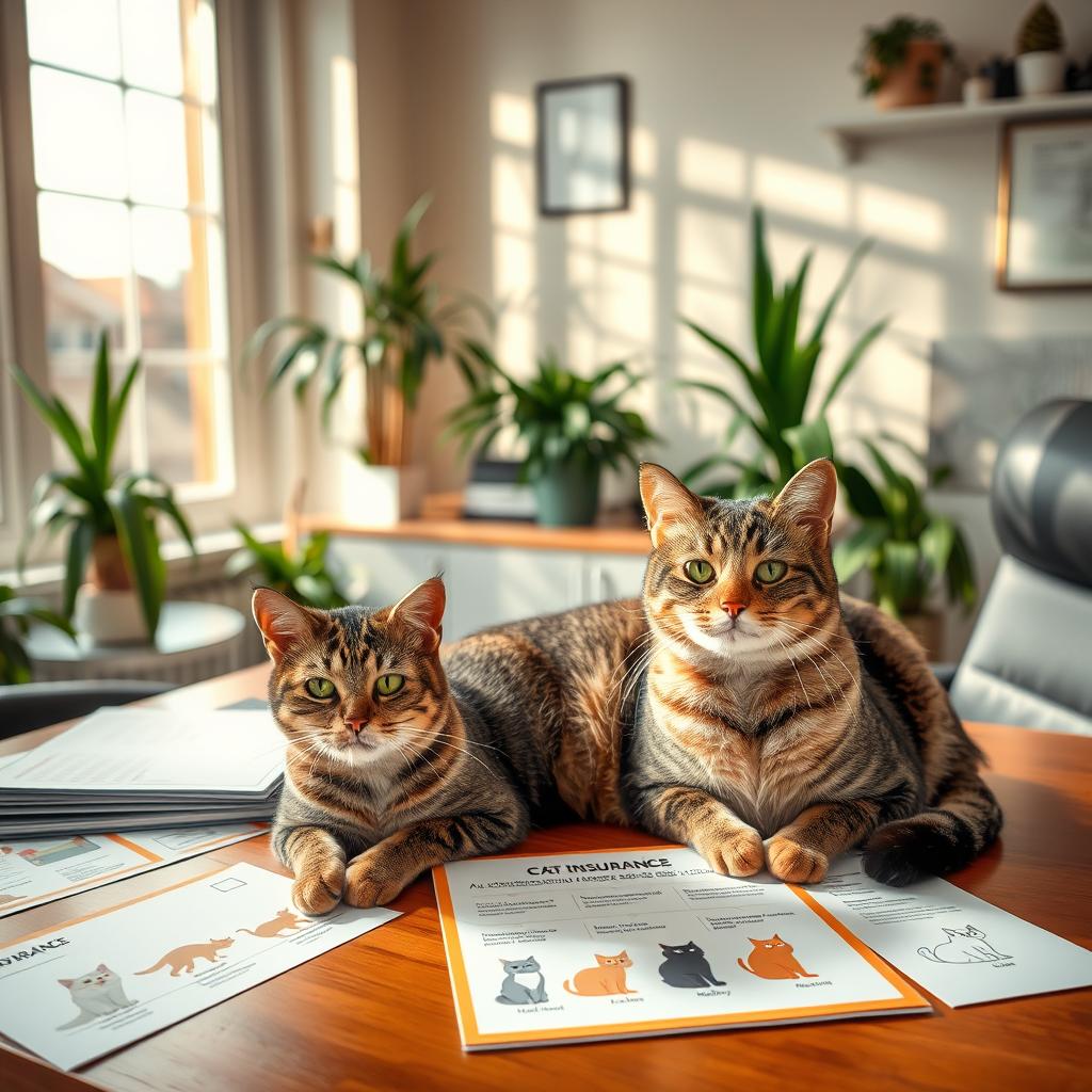 A cozy, inviting office space designed for discussing cat insurance plans. In the foreground, a friendly, well-groomed tabby cat lounges on a neatly arranged desk filled with colorful brochures showcasing various cat insurance policies. The middle ground features several insurance documents, with illustrations of cats representing different coverage types, such as health, accident, and wellness plans. In the background, a large window lets in warm, natural light that casts soft shadows, enhancing the peaceful atmosphere. Stylish indoor plants add a touch of greenery. The scene conveys a sense of security and care, perfect for pet owners considering insurance for their feline companions.