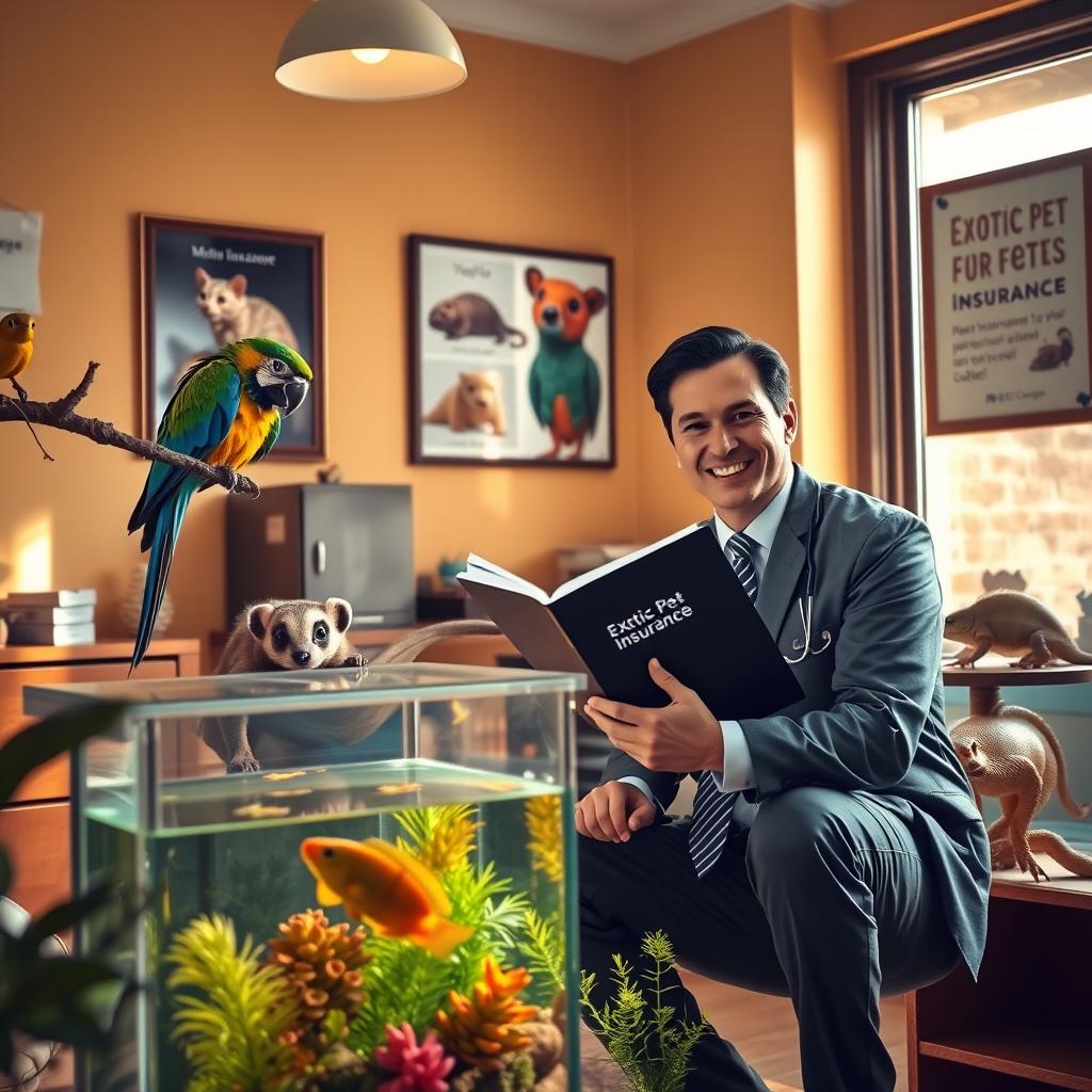 A cozy, inviting veterinary office interior showcasing a variety of exotic pets, such as a vibrant parrot perched on a branch, a curious ferret exploring its surroundings, and a striking chameleon camouflaging on a shelf. In the foreground, a friendly veterinarian, dressed in professional business attire, kneels beside a colorful aquarium containing tropical fish, examining a file labeled "Exotic Pet Insurance." The warm, natural lighting streams in through large windows, creating a soft glow that highlights the pets' vivid colors. In the background, framed posters of various exotic pets hang on the walls, promoting safety and care. The atmosphere is calm and reassuring, conveying a sense of trust in the insurance services offered for these unique animals.