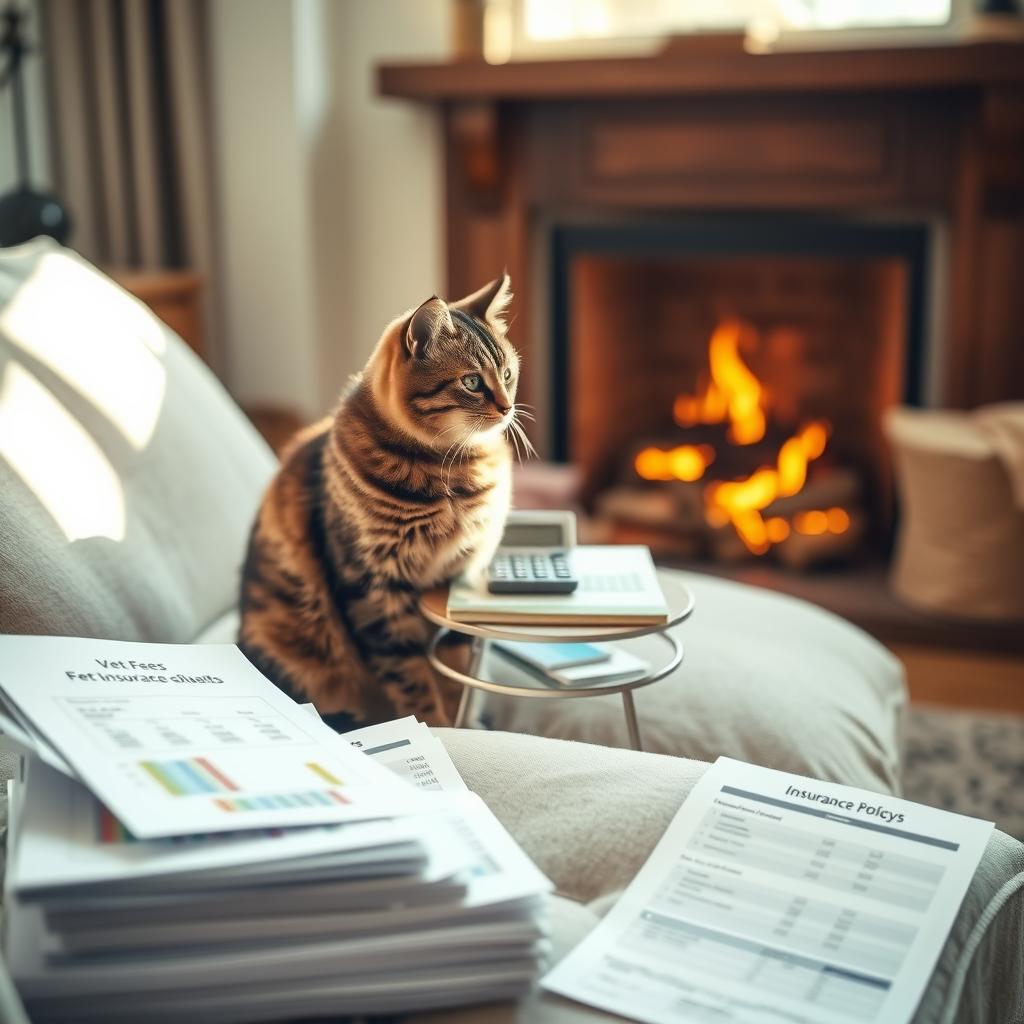 A cozy living room scene featuring a thoughtful tabby cat sitting on a soft cushion, surrounded by visual representations of factors influencing cat insurance costs. In the foreground, the cat looks curiously at a stack of documents and charts, illustrating various elements like vet fees, breed traits, and age. The middle layer contains a small table displaying a calculator, pet health records, and insurance policy brochures. In the background, a warm fireplace creates a comforting ambience, with sunlight streaming through a nearby window. The lighting should be soft and inviting, capturing a serene, homey atmosphere. Utilize a wide-angle lens to emphasize the cozy setting and ensure the entire image conveys a sense of security and care for the cat.