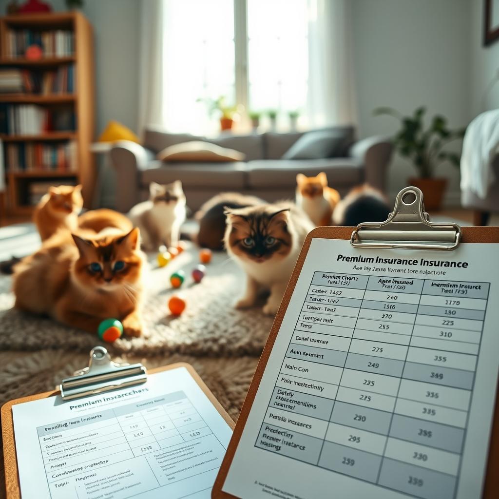 A cozy living room scene featuring a variety of cat breeds, such as a Siamese, Persian, and Maine Coon, playing with colorful toys on a plush rug. In the foreground, a clipboard with detailed premium charts and age-based insurance options is neatly placed, conveying a sense of planning and protection. In the middle ground, a bright and sunny window illuminates the cats, casting soft shadows and enhancing the warm atmosphere. The background showcases a bookshelf filled with cat care books and a potted plant, adding to the homey feel. The lighting is natural and inviting, creating a serene mood that emphasizes the importance of caring for pets through insurance. Soft focus on elements further back enhances depth and relevance.