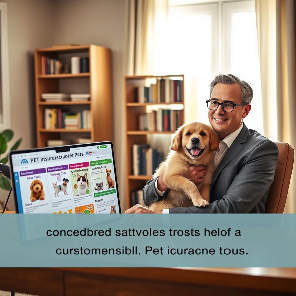 A cozy, modern home office setting bathed in warm, natural light. In the foreground, a computer screen displays various colorful pet insurance quotes, with images of happy dogs and cats alongside friendly charts. A satisfied pet owner, dressed in smart casual attire, sits at a wooden desk, reviewing the quotes with a thoughtful expression while holding a fluffy dog on their lap. In the middle ground, a stylish bookshelf lined with pet-related books adds depth to the scene. The background features a window with soft curtains, allowing sunlight to filter in, creating a welcoming atmosphere. The overall mood is positive and reassuring, emphasizing the importance of customer satisfaction in choosing pet insurance. The image should invoke trust and comfort.