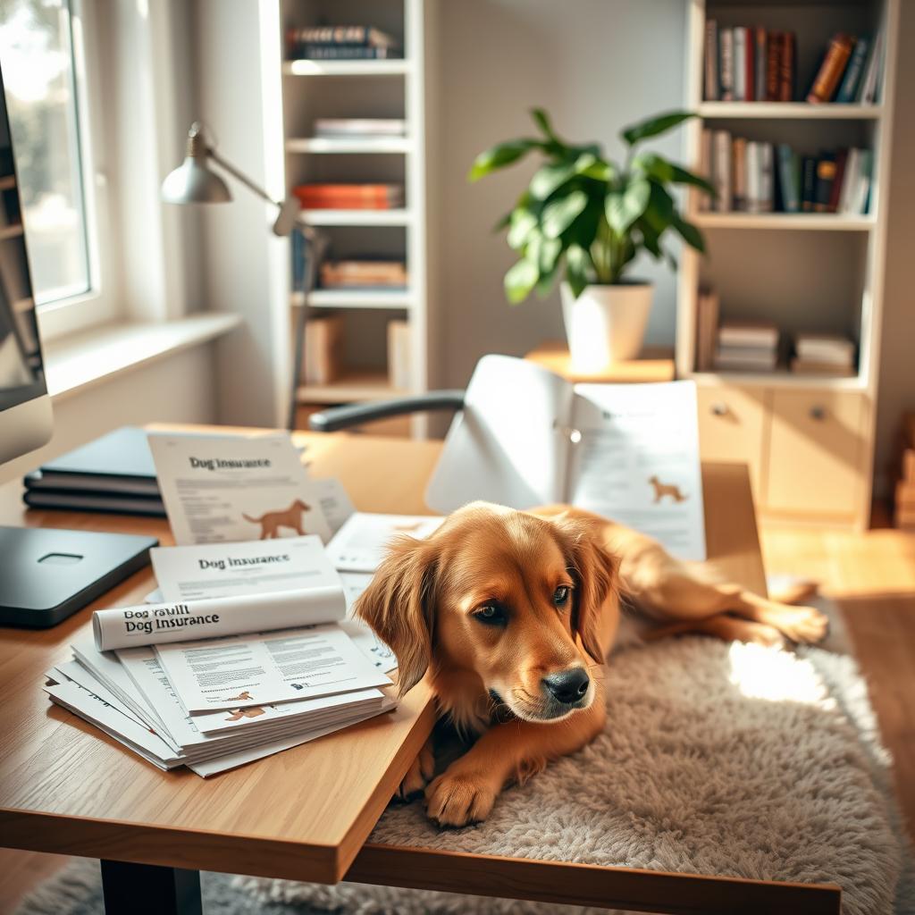 A cozy office setting with a warm, inviting atmosphere. In the foreground, a sleek wooden desk adorned with various colorful dog insurance policy documents—some rolled up, others neatly stacked, showcasing illustrations of happy dogs. A playful golden retriever is lying peacefully on a soft rug beside the desk, its fur glistening under soft, natural lighting from a nearby window, creating a serene mood. In the background, light shelves filled with dog-themed books and a potted plant add a touch of greenery. The angle captures the desk and dog at a slightly elevated perspective, emphasizing the importance of caring for pets through insurance. Overall, the image conveys a sense of responsibility and affection for our canine companions.