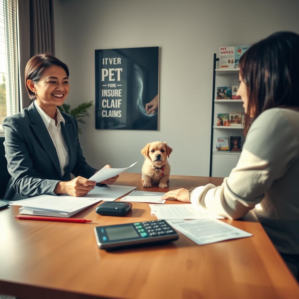 A cozy, professional office environment depicting the pet insurance claims process. In the foreground, a smiling insurance agent in business attire is assisting a pet owner with paperwork, showcasing a friendly and trustworthy interaction. In the middle, a table covered with forms, a calculator, and a cute, calm dog sitting nearby, symbolizing companionship. In the background, a motivational poster about pet health hangs on the wall, with shelves filled with pet care brochures. Soft, natural lighting filters through a window, creating a warm atmosphere. The camera angle is slightly tilted to focus on the agent and pet owner, capturing their engagement in the claims process, conveying a sense of support and professionalism.