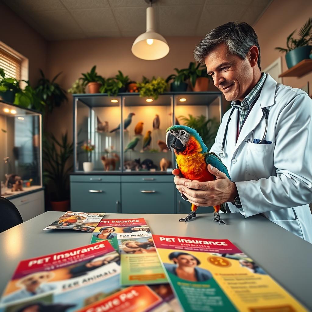 A cozy veterinary clinic interior, featuring a caring veterinarian in professional attire examining an exotic pet, such as a colorful parrot perched on the examination table. In the foreground, vibrant pet insurance brochures highlighting benefits and coverage options for exotic animals are scattered on the table. The middle section displays an assortment of exotic pets in clear enclosures, creating a lively atmosphere. The background features warm lighting, with soft shadows and a variety of plants adding a natural feel. The overall mood should be compassionate and reassuring, emphasizing the importance of exotic pet medical insurance. Use a wide-angle lens to capture the entire scene, ensuring clarity and detail in both the veterinarian and the lively surroundings.