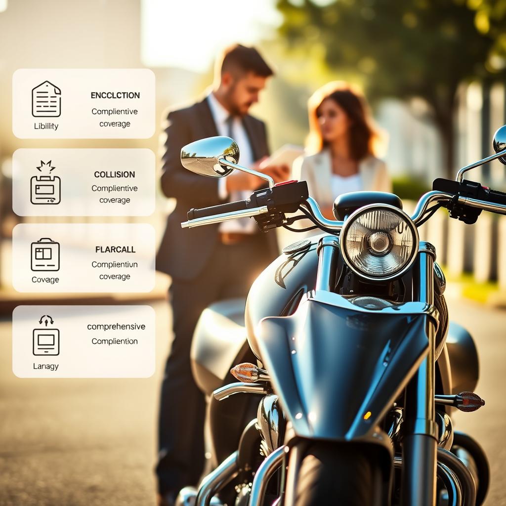 A detailed composition showcasing various cruiser motorcycle insurance coverage options. In the foreground, a sleek, polished cruiser motorcycle stands prominently, reflecting sunlight with gleaming chrome details. To the left, illustrated icons representing different insurance coverage options, such as liability, collision, and comprehensive coverage, hover transparently. The middle ground features a professional insurance agent in business attire, engaged in a discussion with a customer beside the motorcycle, both looking at a digital tablet displaying coverage information. The background contains a blurred urban landscape suggesting a safe environment for riders, with soft, warm lighting that creates a welcoming atmosphere. The angle is slightly tilted to emphasize the motorcycle while keeping the focus on the insurance options being presented, promoting a sense of security and professionalism. A detailed composition showcasing various cruiser motorcycle insurance coverage options. In the foreground, a sleek, polished cruiser motorcycle stands prominently, reflecting sunlight with gleaming chrome details. To the left, illustrated icons representing different insurance coverage options, such as liability, collision, and comprehensive coverage, hover transparently. The middle ground features a professional insurance agent in business attire, engaged in a discussion with a customer beside the motorcycle, both looking at a digital tablet displaying coverage information. The background contains a blurred urban landscape suggesting a safe environment for riders, with soft, warm lighting that creates a welcoming atmosphere. The angle is slightly tilted to emphasize the motorcycle while keeping the focus on the insurance options being presented, promoting a sense of security and professionalism.