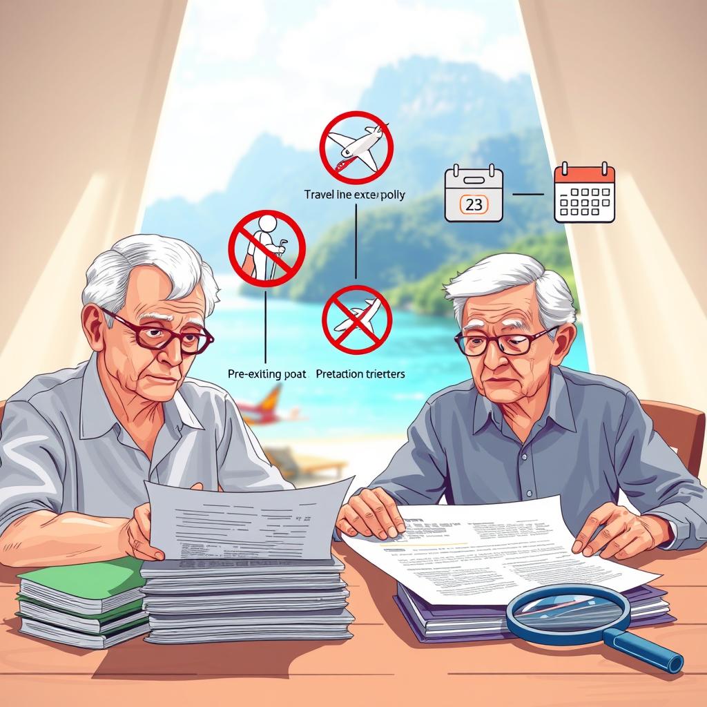 A detailed illustration depicting the concept of travel insurance exclusions for seniors. In the foreground, an elderly couple is reviewing a travel insurance policy at a table, looking concerned, with a stack of documents and a magnifying glass. In the middle, symbols of common exclusions are depicted, such as a senior with a walking cane and a crossed-out airplane, a medical symbol symbolizing pre-existing conditions, and a calendar indicating certain travel dates. The background features a serene travel setting, like a tropical beach or a mountain landscape, representing potential travel destinations. Bright, natural lighting fills the scene, creating a clear and informative atmosphere. The image should have a professional, educational mood, suitable for illustrating the complexities of travel insurance for seniors.