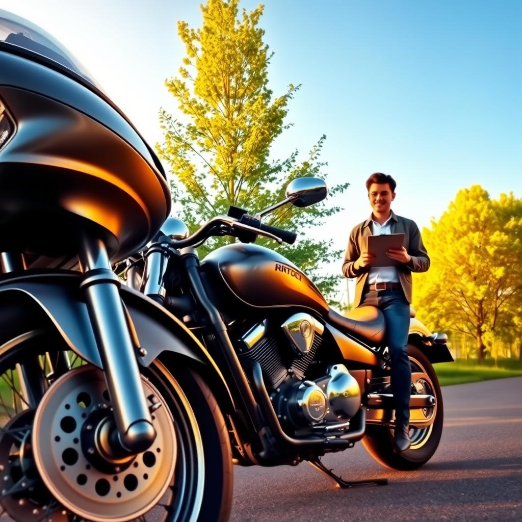 A detailed illustration of a motorcycle parked in a serene outdoor setting during golden hour, symbolizing motorcycle liability insurance. In the foreground, a sleek, modern motorcycle with chrome accents gleams softly in the warm light. In the middle ground, a friendly, professional-looking individual dressed in business casual attire inspects the motorcycle while holding a clipboard, representing the importance of evaluating insurance options. The background features lush green trees gently swaying in the breeze, with a clear blue sky casting a calming atmosphere. The scene is framed with soft, diffused lighting, creating a sense of safety and protection, and inviting viewers to consider tips for reducing insurance premium costs effectively. A detailed illustration of a motorcycle parked in a serene outdoor setting during golden hour, symbolizing motorcycle liability insurance. In the foreground, a sleek, modern motorcycle with chrome accents gleams softly in the warm light. In the middle ground, a friendly, professional-looking individual dressed in business casual attire inspects the motorcycle while holding a clipboard, representing the importance of evaluating insurance options. The background features lush green trees gently swaying in the breeze, with a clear blue sky casting a calming atmosphere. The scene is framed with soft, diffused lighting, creating a sense of safety and protection, and inviting viewers to consider tips for reducing insurance premium costs effectively.