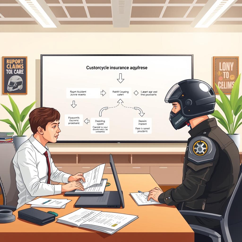 A detailed illustration of the motorcycle insurance claims process, featuring a professional-looking office environment. In the foreground, a customer service representative in business attire sits at a desk filled with claim documents and a laptop, assisting a biker dressed in a helmet and casual riding gear, looking attentive and engaged. In the middle, a large screen displays a simplified flowchart of the claims process, with arrows indicating steps such as "Report Accident," "Submit Documents," and "Claim Settlement." In the background, bright office lighting creates a warm atmosphere, with motivational posters on the walls and plants adding a touch of color. The focus is on clarity and professionalism, capturing a sense of reassurance and support for the insurance claim experience.