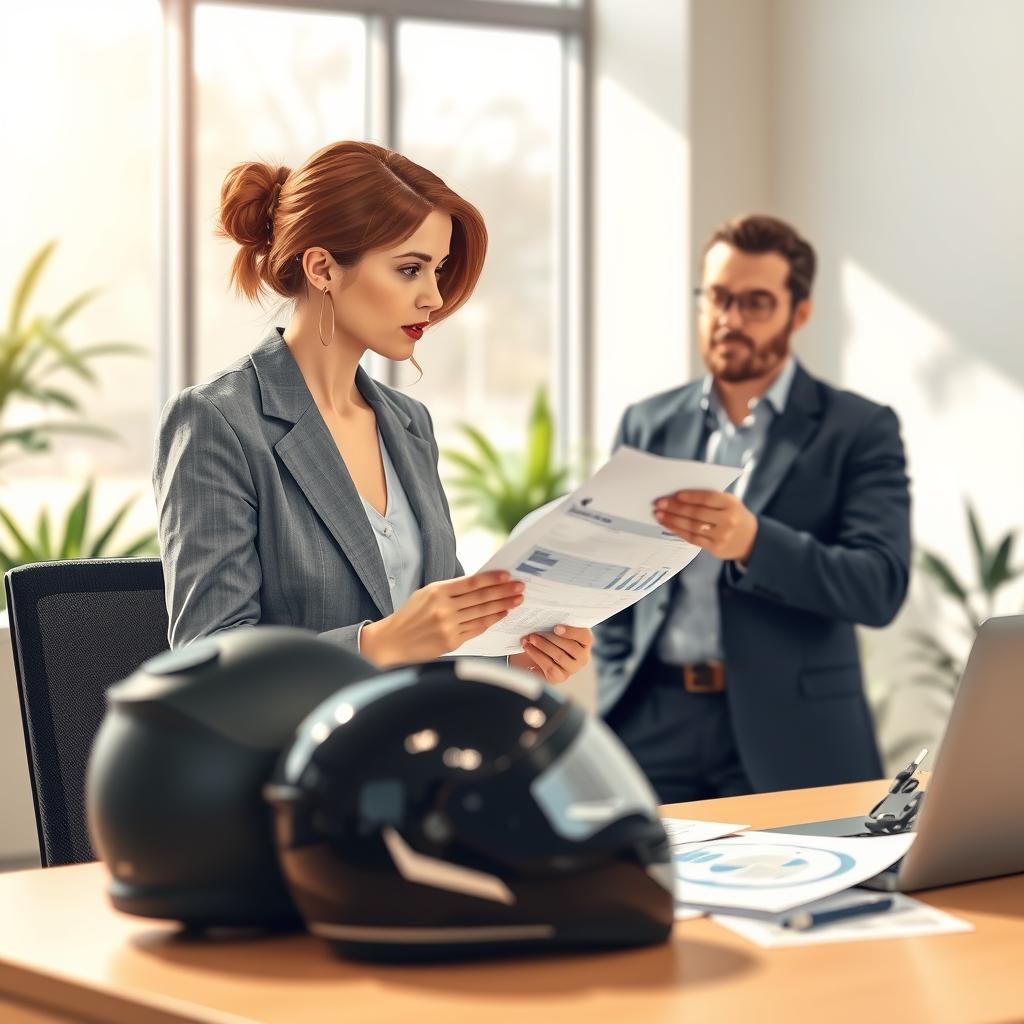 A detailed illustration of the motorcycle insurance claims process, set in a modern office environment. In the foreground, a professional businesswoman wearing a blazer is discussing claims paperwork with a man in a collared shirt, both appearing engaged and focused. In the middle ground, a desk is cluttered with claim forms, a laptop displaying charts, and a motorcycle helmet. The background features a large window allowing natural light to pour in, giving a soft and warm atmosphere. Subtle plants add a touch of greenery, enhancing the calm, professional mood. The scene is captured with a shallow depth of field, emphasizing the subjects while gently blurring the background elements, making the claims process the focal point.