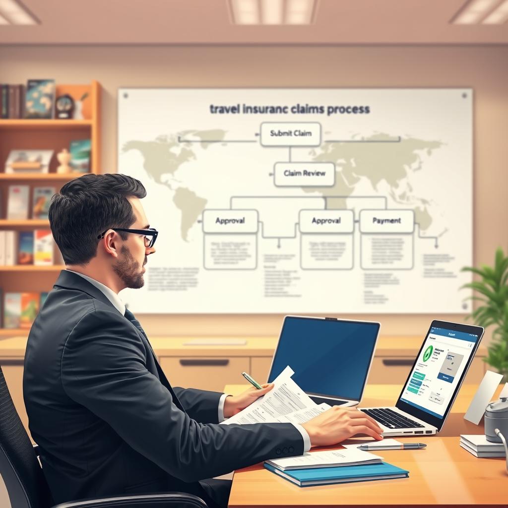 A detailed illustration of the travel insurance claims process, featuring a professional office environment. In the foreground, a businessperson in a smart suit is seated at a desk, reviewing documents and filling out forms, with a laptop open displaying an insurance website. In the middle, a large flowchart on the wall depicts the claims process, with boxes labeled "Submit Claim," "Claim Review," "Approval," and "Payment." The background shows a well-organized office with shelves containing travel-related brochures and a world map. Soft, warm lighting enhances the professionalism, and a shallow depth of field highlights the businessperson while softly blurring the flowchart. The atmosphere conveys clarity and efficiency, suitable for educating readers about travel insurance claims.