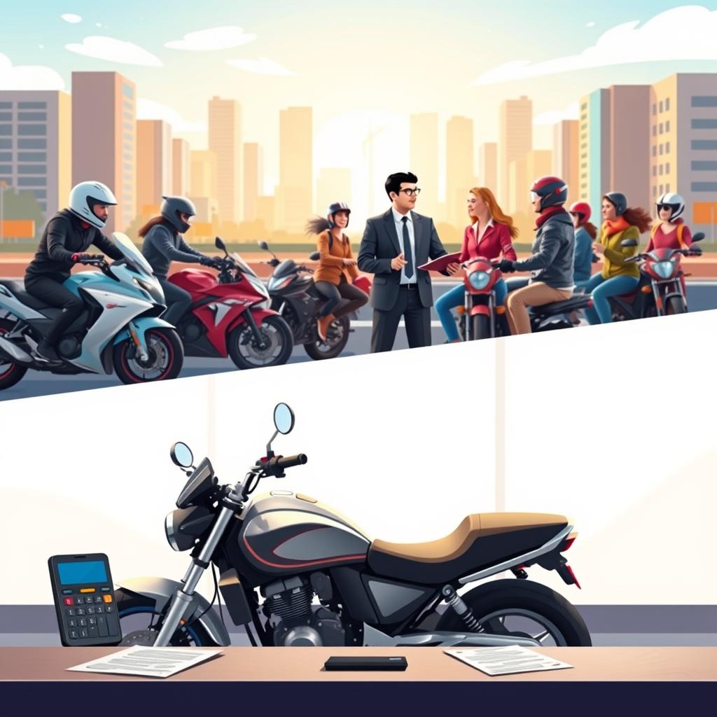 A detailed illustration of various motorcycle insurance coverage types, featuring a split-screen concept. In the foreground, depict a sleek motorcycle parked beside a table displaying insurance documents and a calculator, symbolizing affordability and practicality. In the middle ground, show an insurance agent in professional attire discussing options with a diverse group of motorcycle riders, showcasing their enthusiasm and engagement. The background should depict a vibrant cityscape, with bright, inviting lighting that conveys a sense of opportunity and accessibility. The angle should be slightly elevated, providing a comprehensive view of the scene while creating a dynamic composition. The overall mood should be optimistic and informative, capturing the essence of finding the right motorcycle insurance coverage.