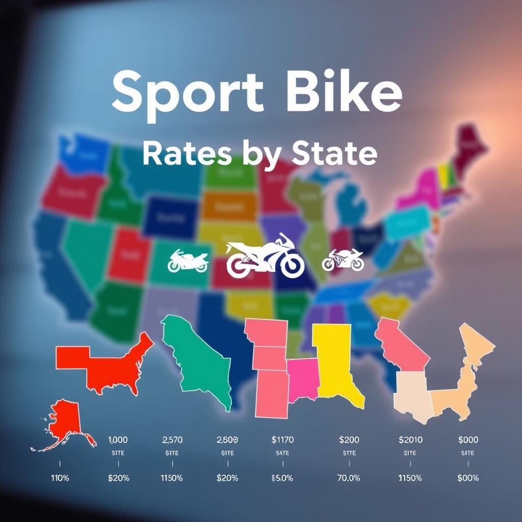 A detailed infographic displaying "Sport Bike Insurance Rates by State." In the foreground, showcase a vibrant array of state outlines filled with varying colors representing different insurance rates for sport bikes. In the middle, incorporate icons of sport bikes and dollar signs to symbolize costs. The background features a blurred map of the United States, lightly illuminated to enhance visual depth. Use bright, engaging colors for the states to draw attention, while keeping the icons modern and sleek. Aim for a clean, professional look with balanced lighting to create a positive, informative atmosphere, ensuring clarity in the representation of data. The composition should be visually appealing and easy to understand without any text overlays or additional distractions.